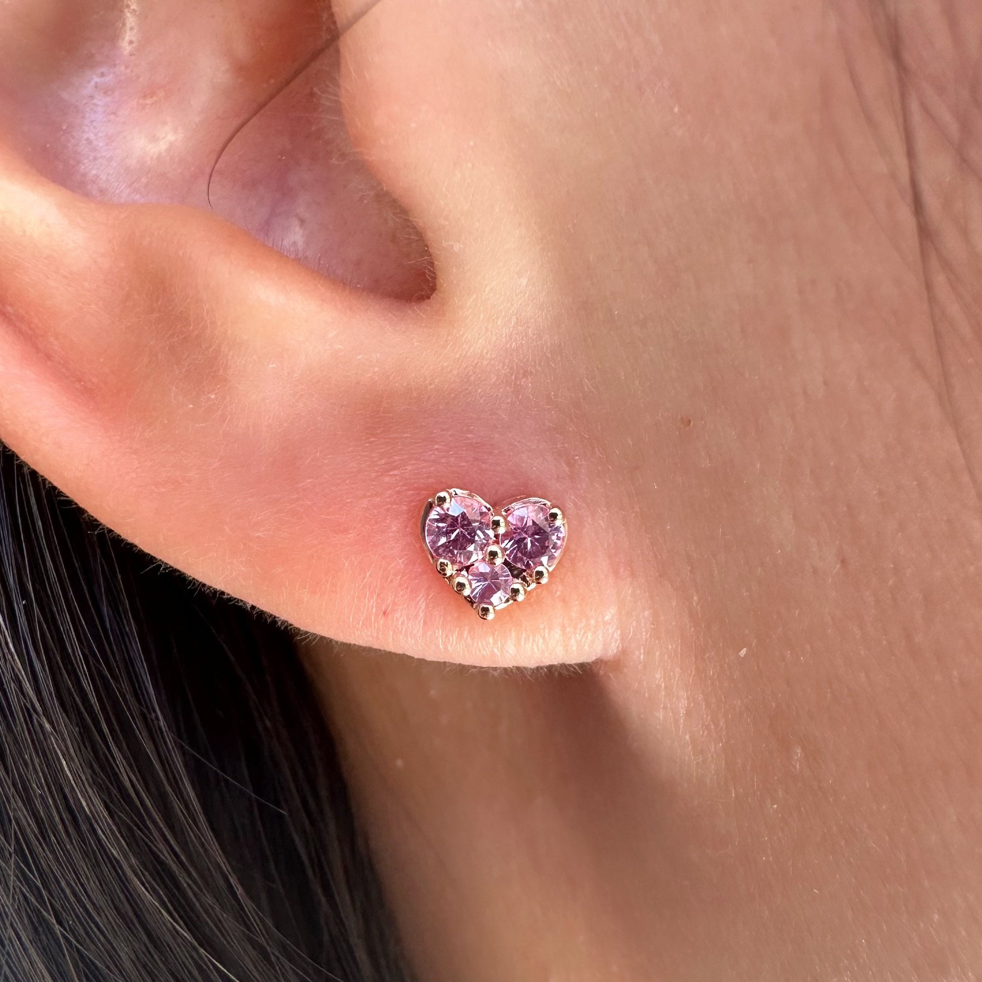 14K Solid Gold Genuine Pink Sapphire Heart Studs/Pair