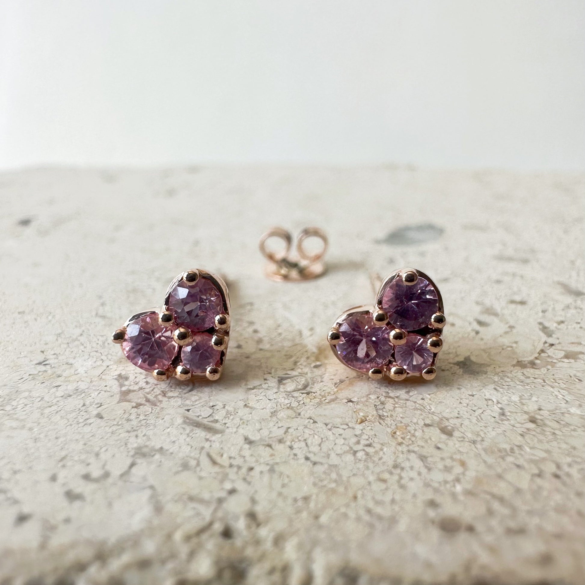 14K Solid Gold Genuine Pink Sapphire Heart Studs/Pair