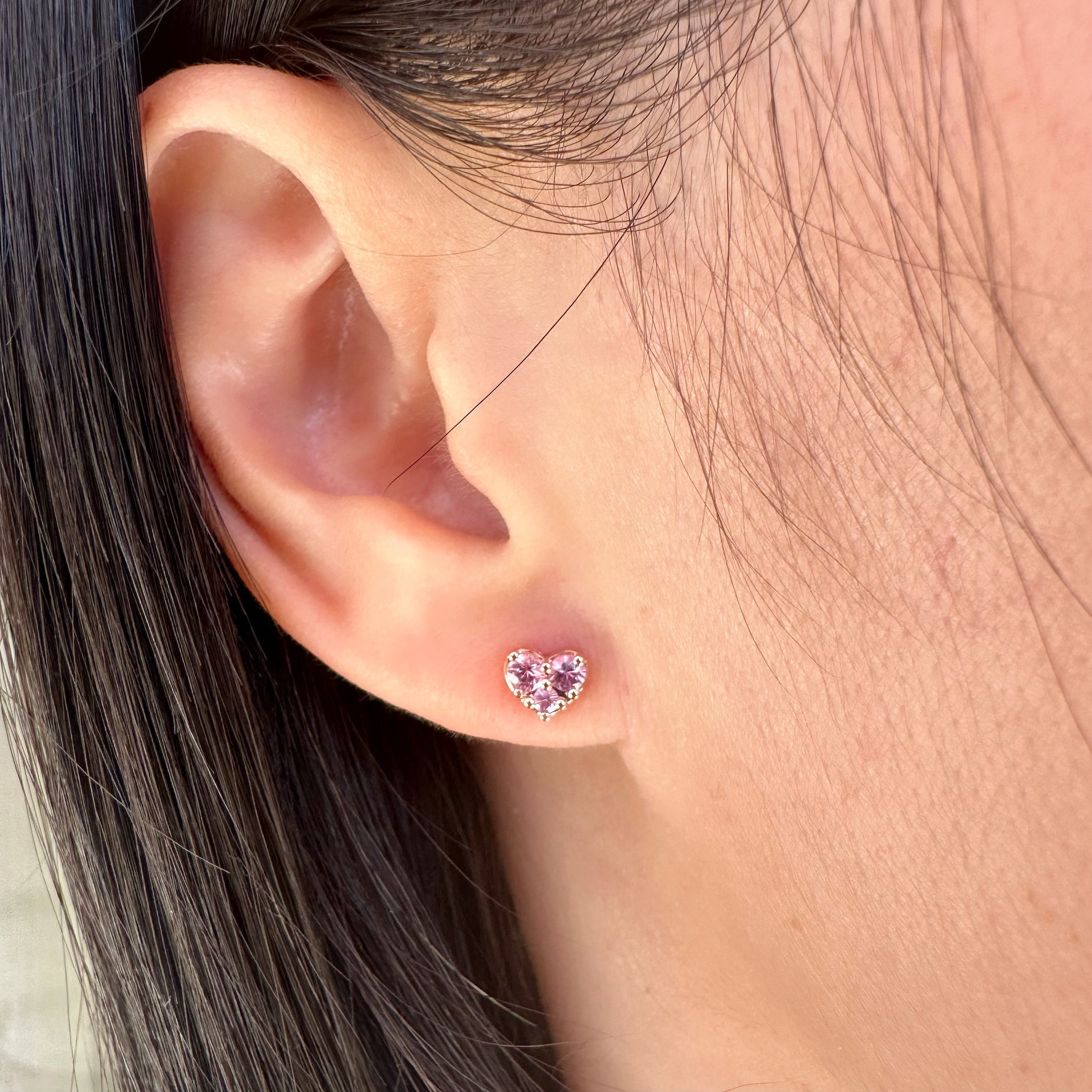 14K Solid Gold Genuine Pink Sapphire Heart Studs/Pair