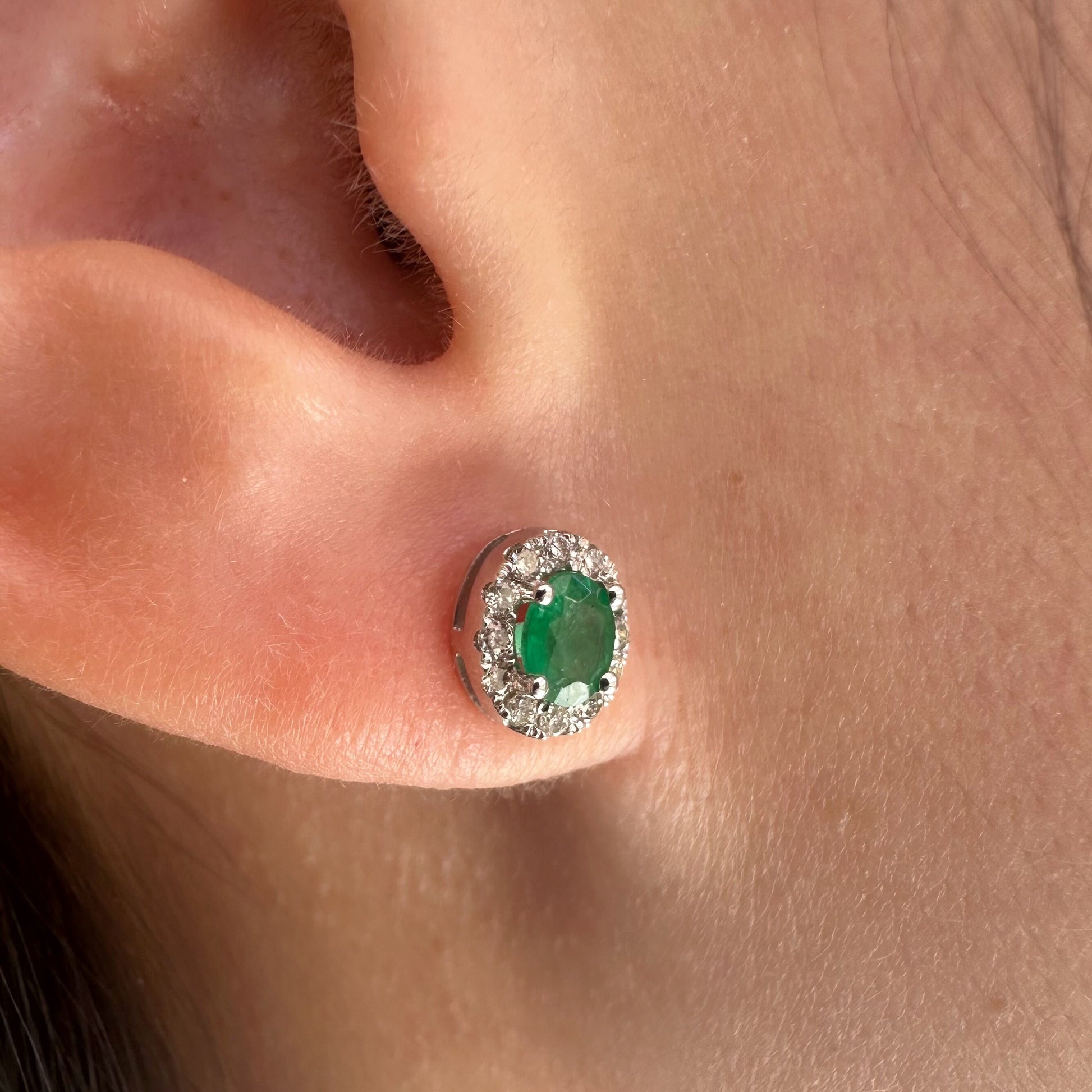 14K Solid White Gold Genuine Emerald and Diamond Oval Studs/Pair