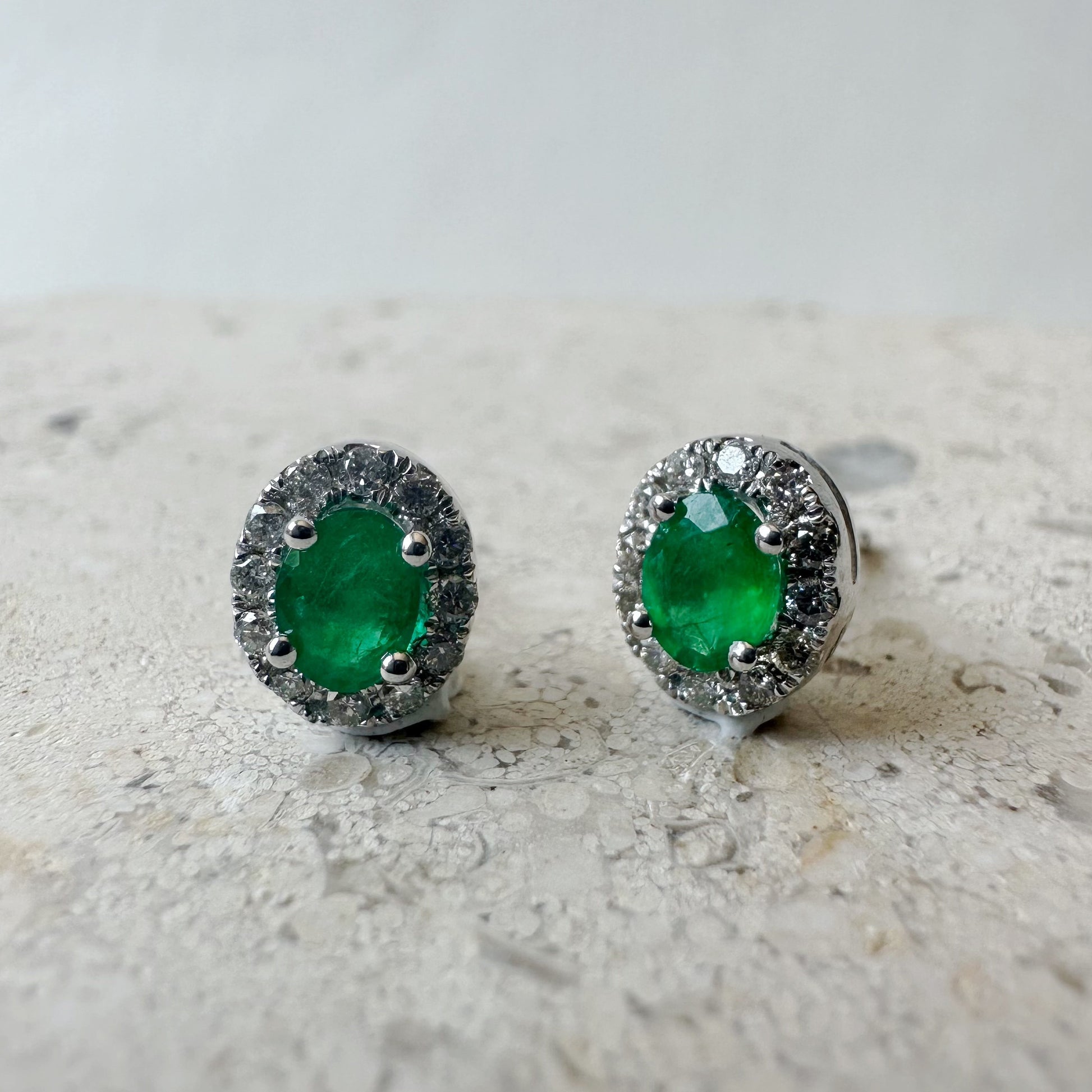 14K Solid White Gold Genuine Emerald and Diamond Oval Studs/Pair