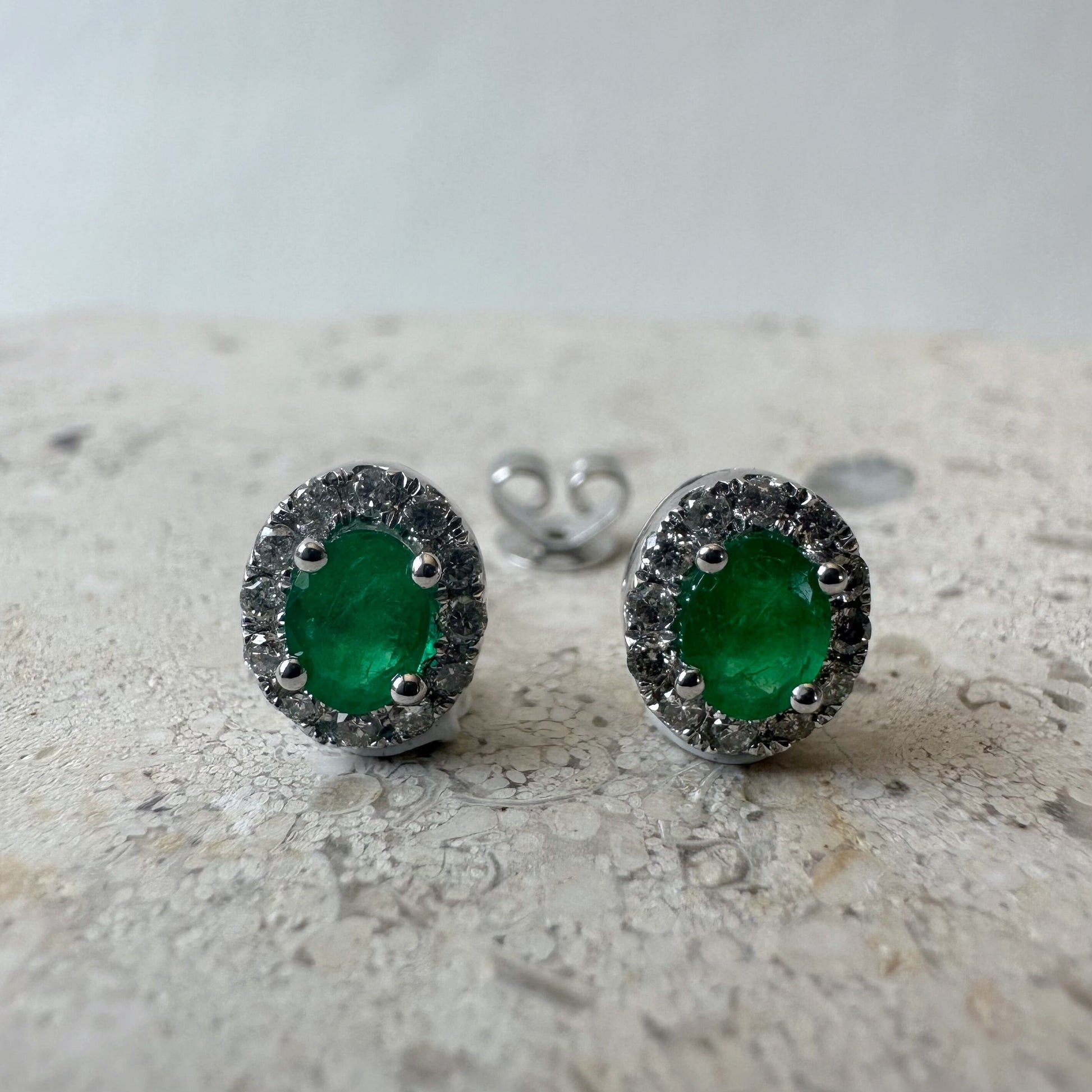 14K Solid White Gold Genuine Emerald and Diamond Oval Studs/Pair