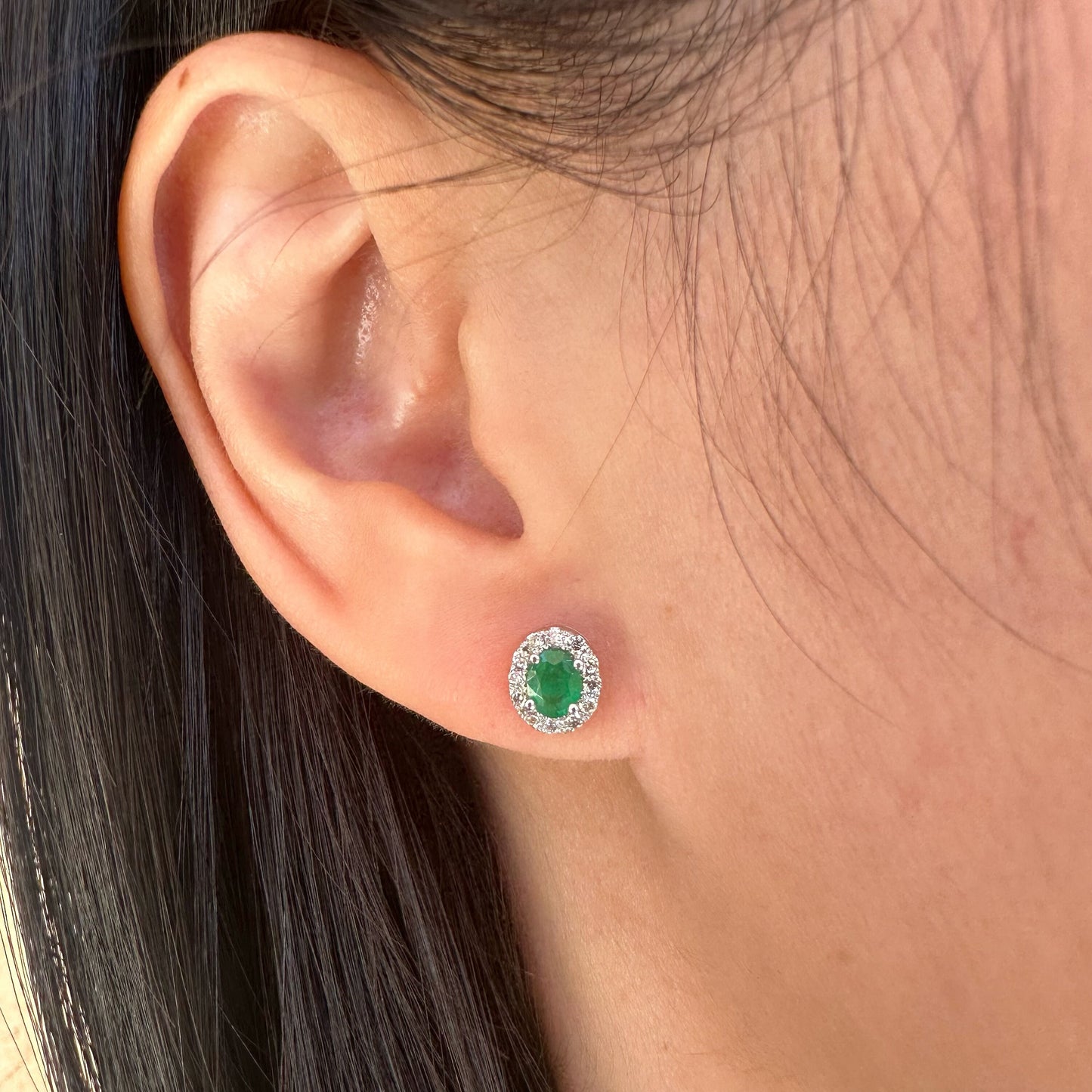 14K Solid White Gold Genuine Emerald and Diamond Oval Studs/Pair