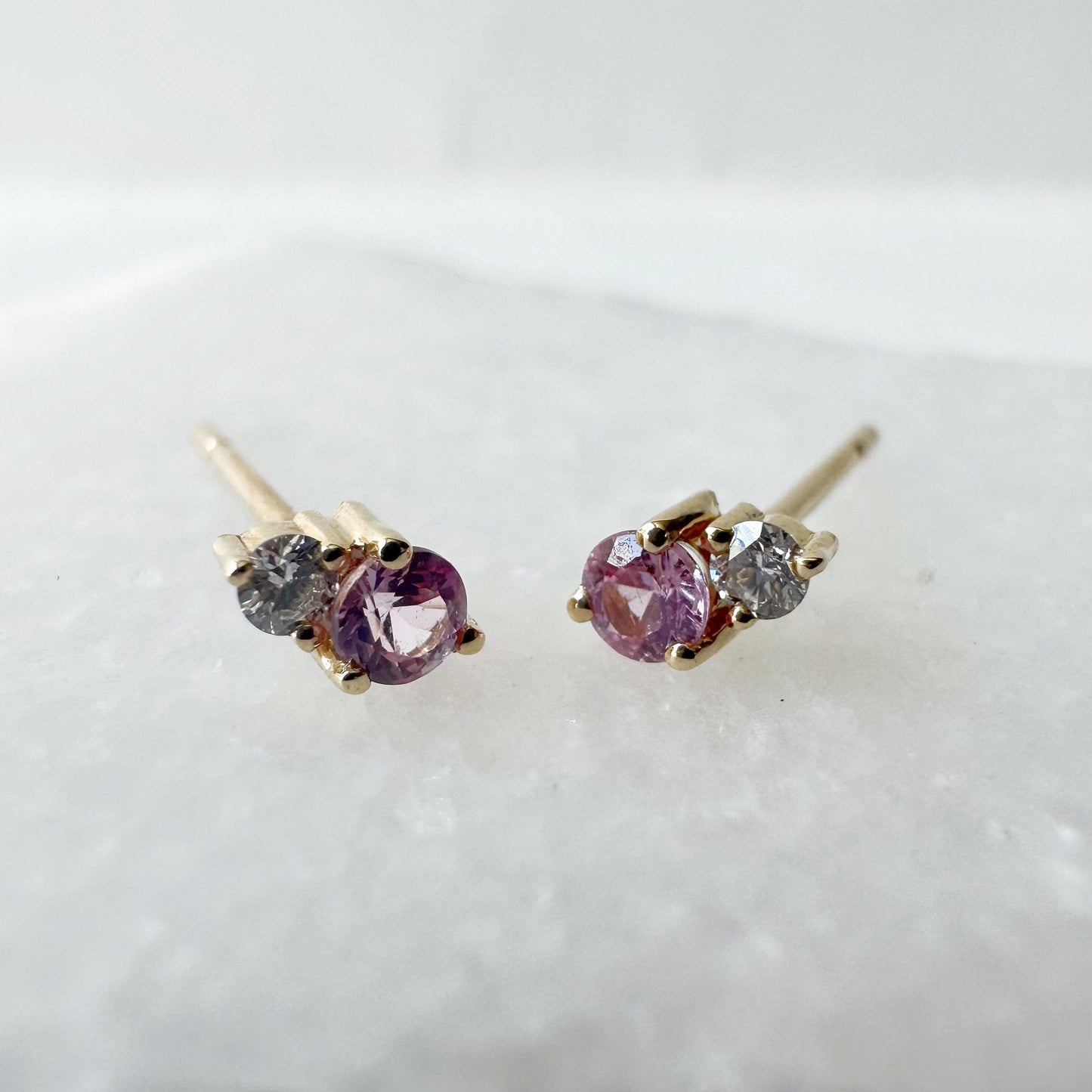 14K Solid Gold Genuine Pink Sapphire and Diamond Stacked Studs/Pair