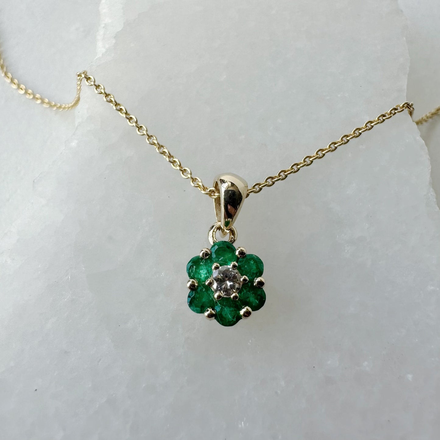 14K Solid Gold Genuine Emerald and Diamond Flower Pendant