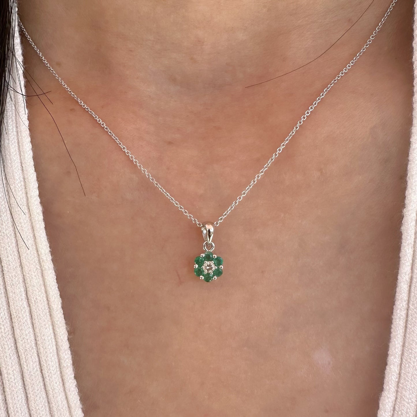 14K Solid Gold Genuine Emerald and Diamond Flower Pendant