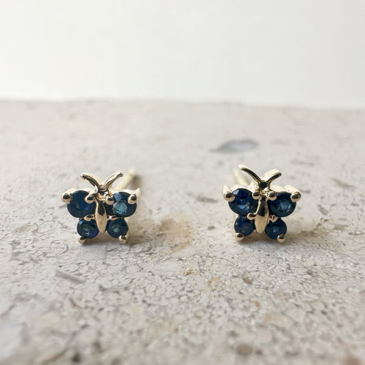 14K Solid Gold Genuine Sapphire Butterfly Studs/Pair