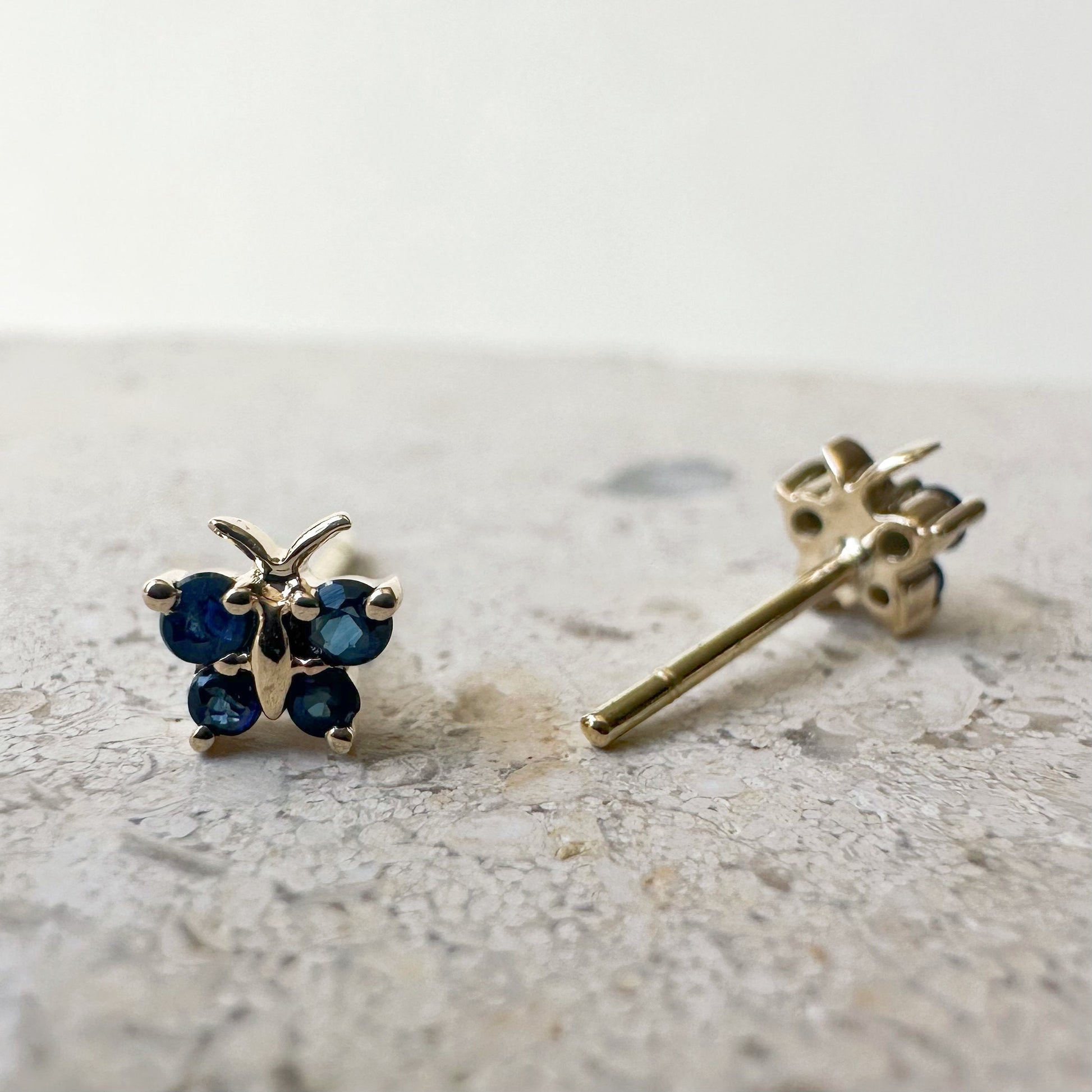 14K Solid Gold Genuine Sapphire Butterfly Studs/Pair