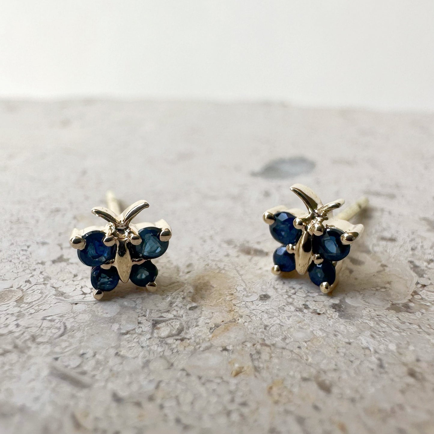 14K Solid Gold Genuine Sapphire Butterfly Studs/Pair