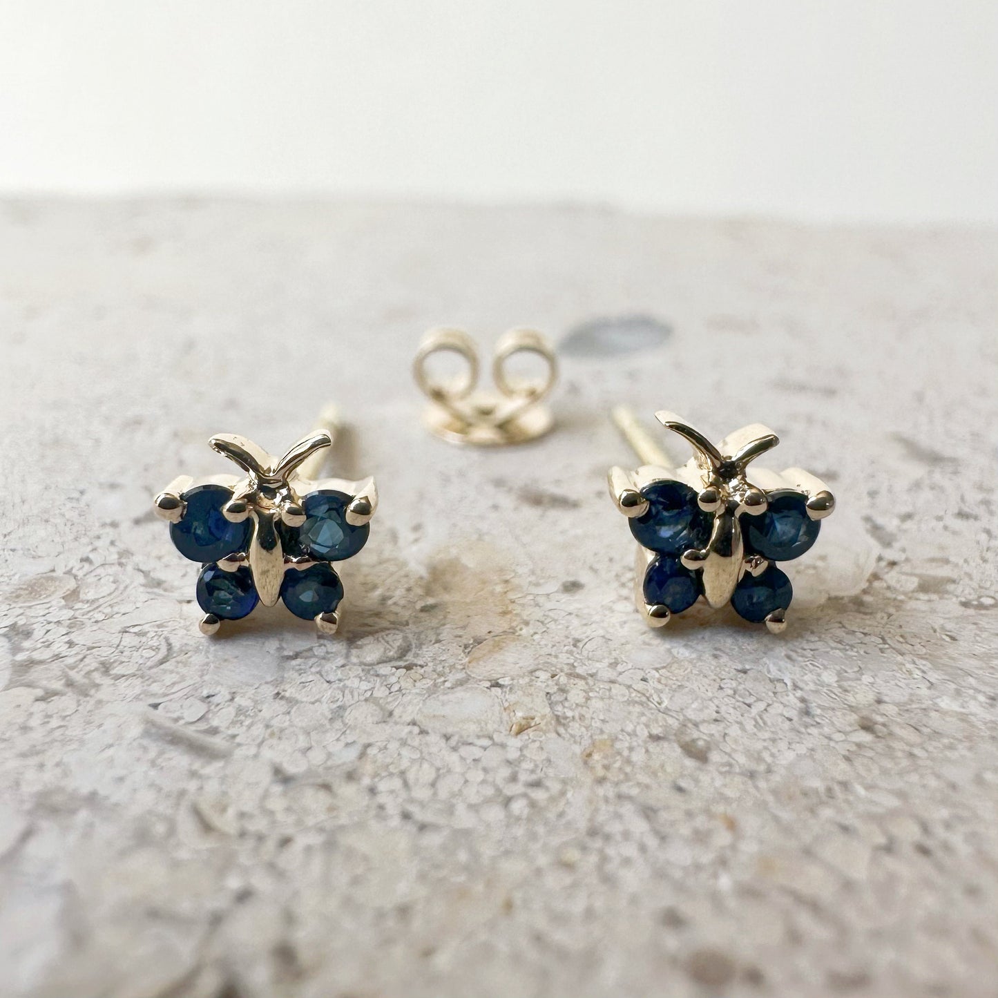 14K Solid Gold Genuine Sapphire Butterfly Studs/Pair