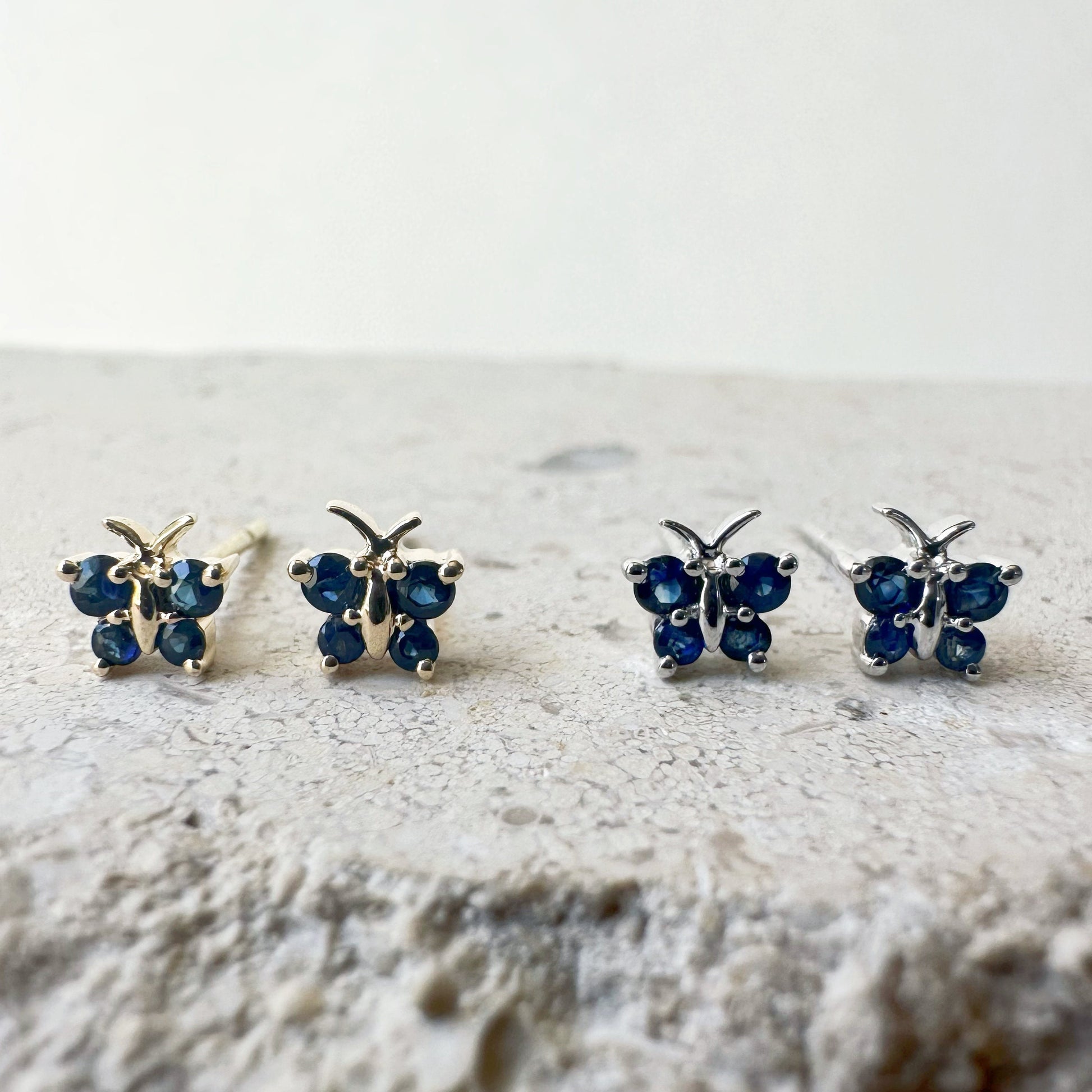 14K Solid Gold Genuine Sapphire Butterfly Studs/Pair