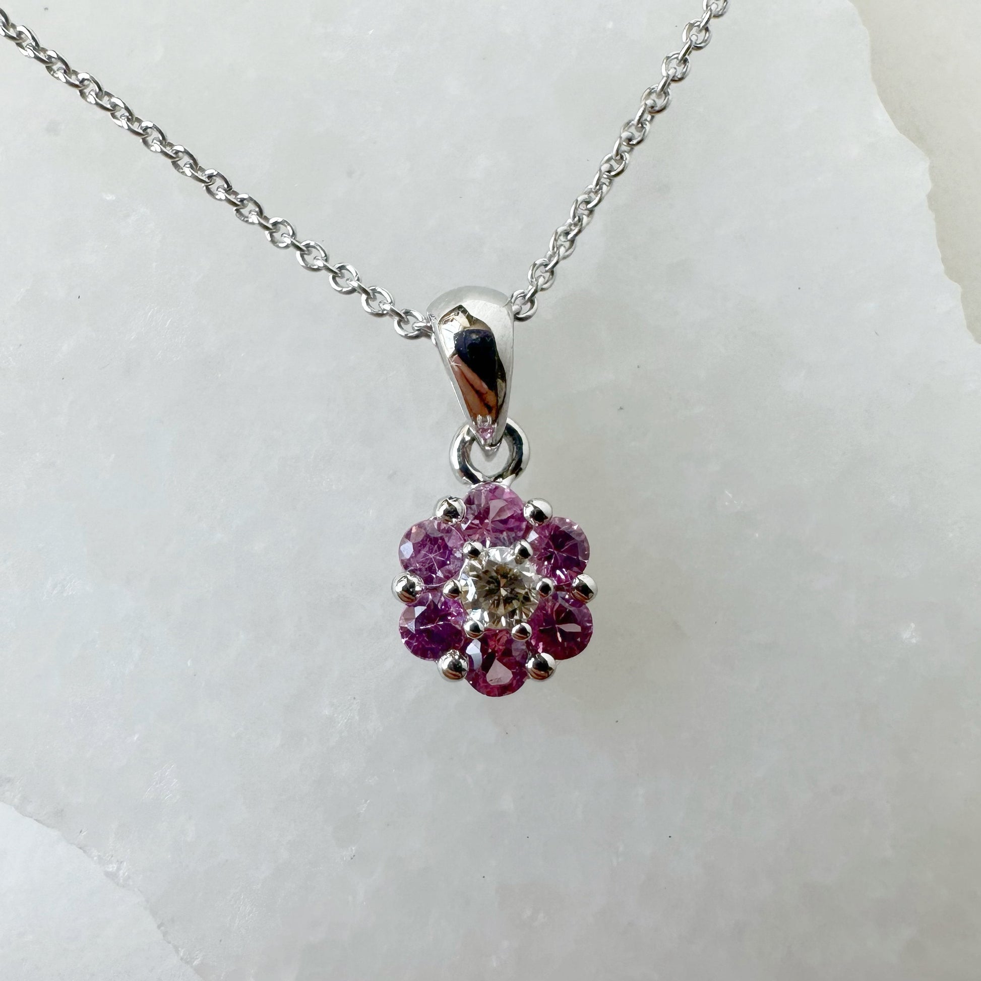 14K Solid Gold Genuine Pink Sapphire and Diamond Flower Pendant