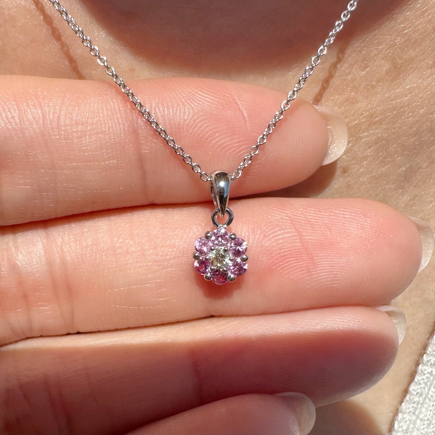 14K Solid Gold Genuine Pink Sapphire and Diamond Flower Pendant