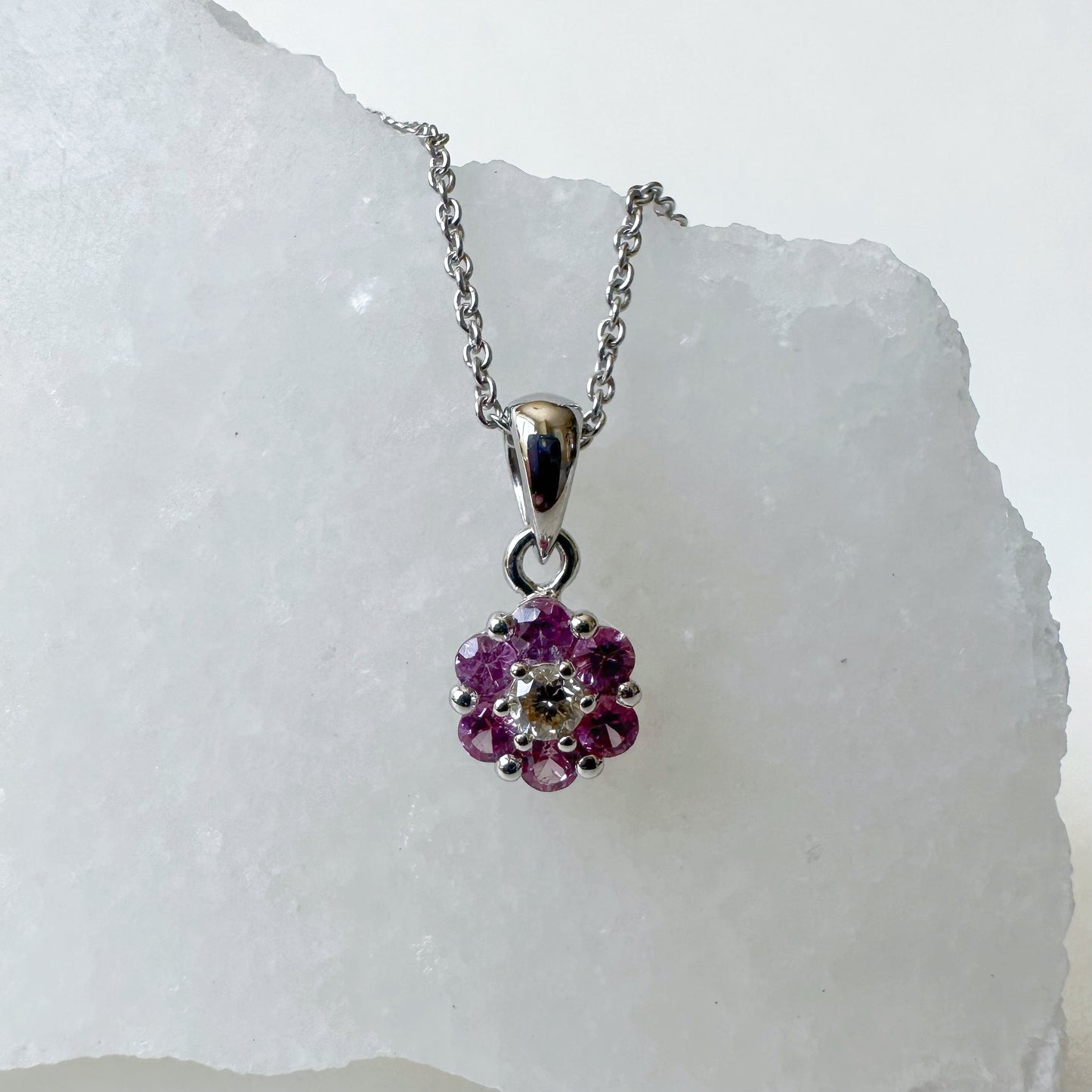 14K Solid Gold Genuine Pink Sapphire and Diamond Flower Pendant