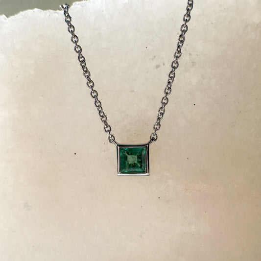 14K Solid Gold Genuine Emerald Square Necklace