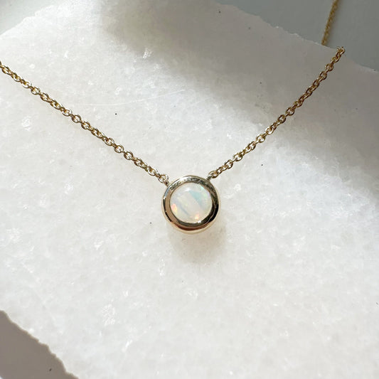 14K Solid Gold Genuine Round Opal Bezel Chain Necklace