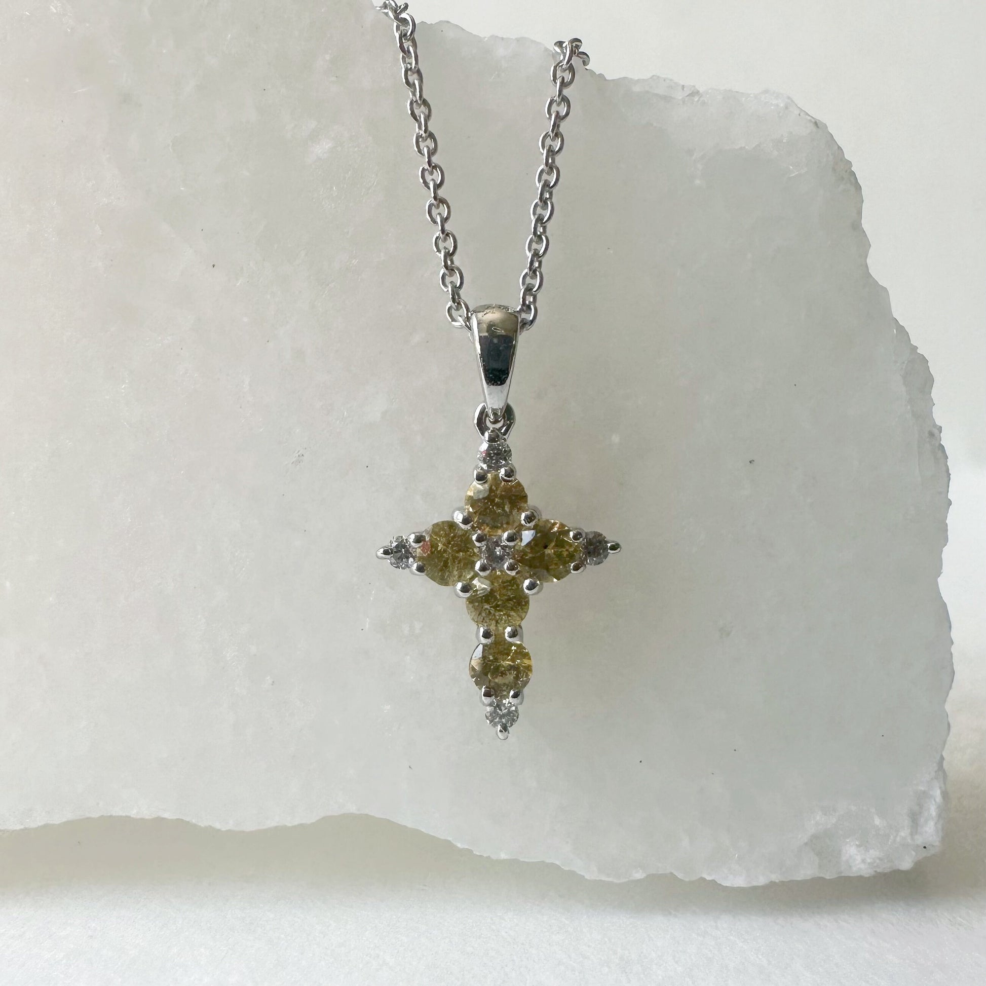 18K Solid White Gold Genuine Yellow Sapphire and Diamond Dainty Cross Pendant