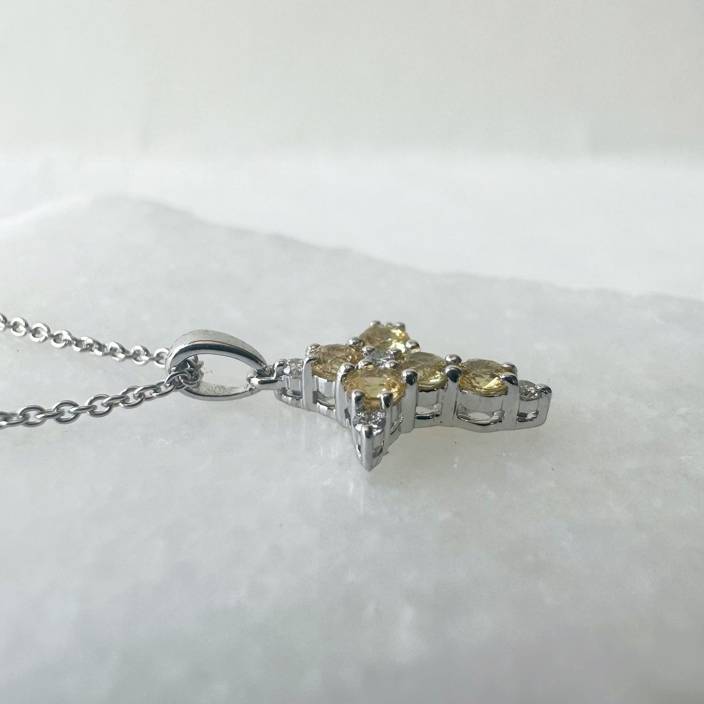 18K Solid White Gold Genuine Yellow Sapphire and Diamond Dainty Cross Pendant