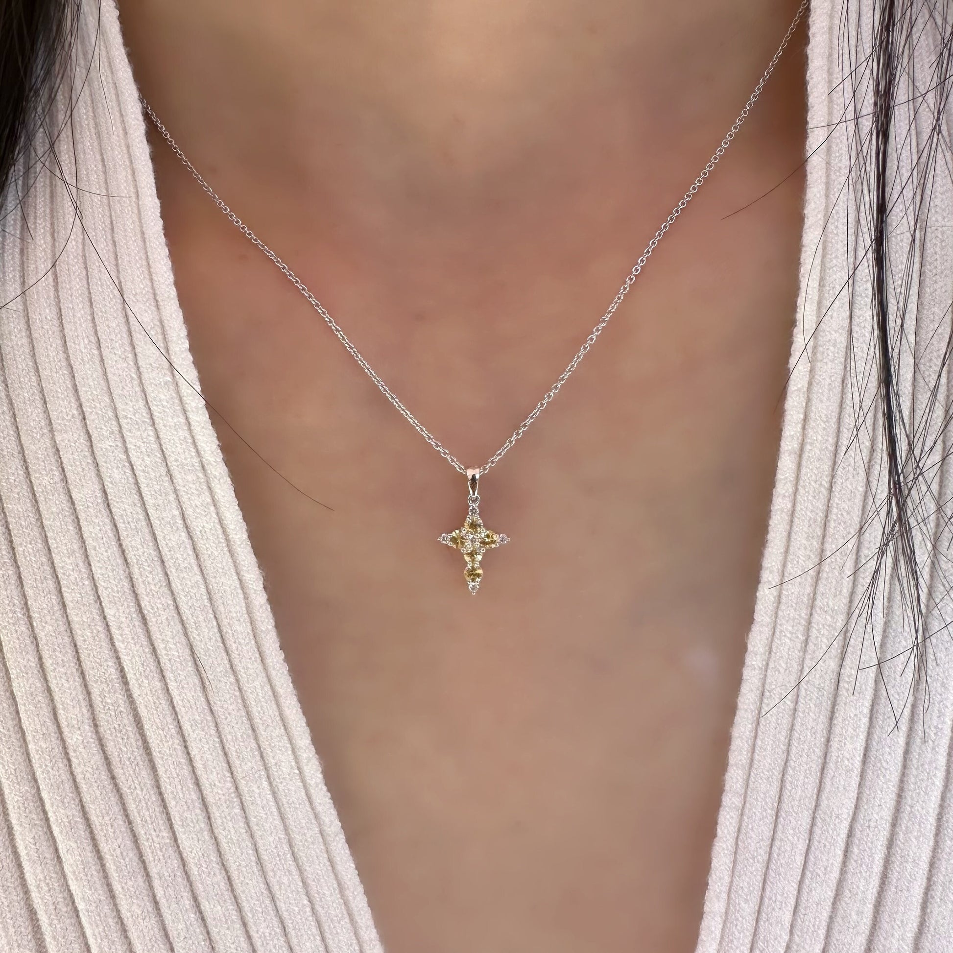 18K Solid White Gold Genuine Yellow Sapphire and Diamond Dainty Cross Pendant