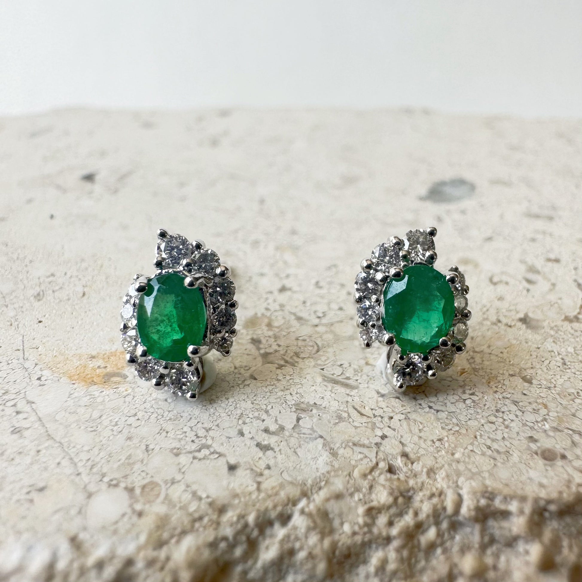 14K Solid White Gold Genuine Emerald and Diamond Swirl Studs/Pair