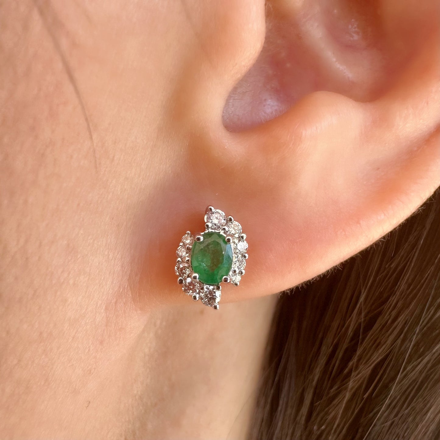 14K Solid White Gold Genuine Emerald and Diamond Swirl Studs/Pair