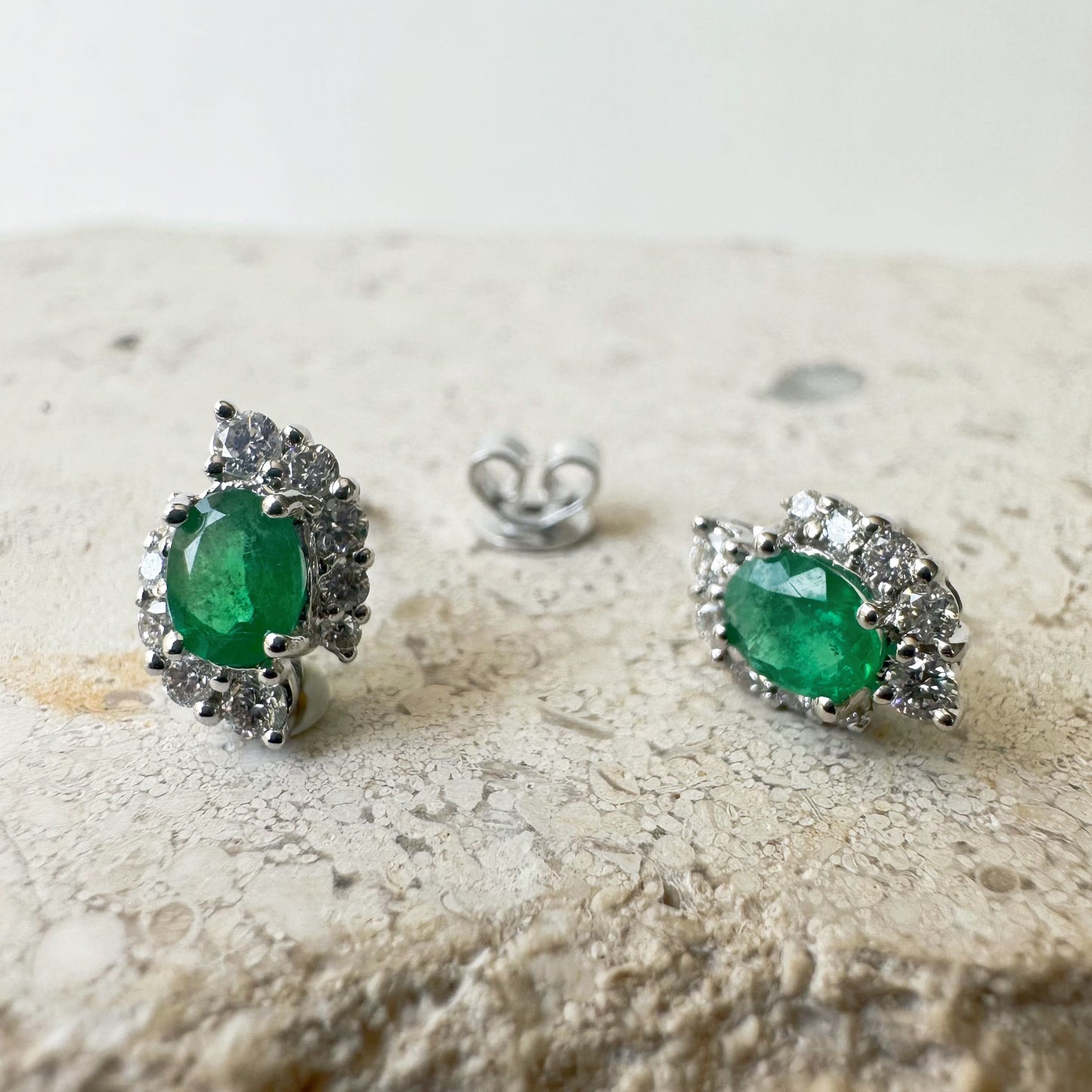 14K Solid White Gold Genuine Emerald and Diamond Swirl Studs/Pair