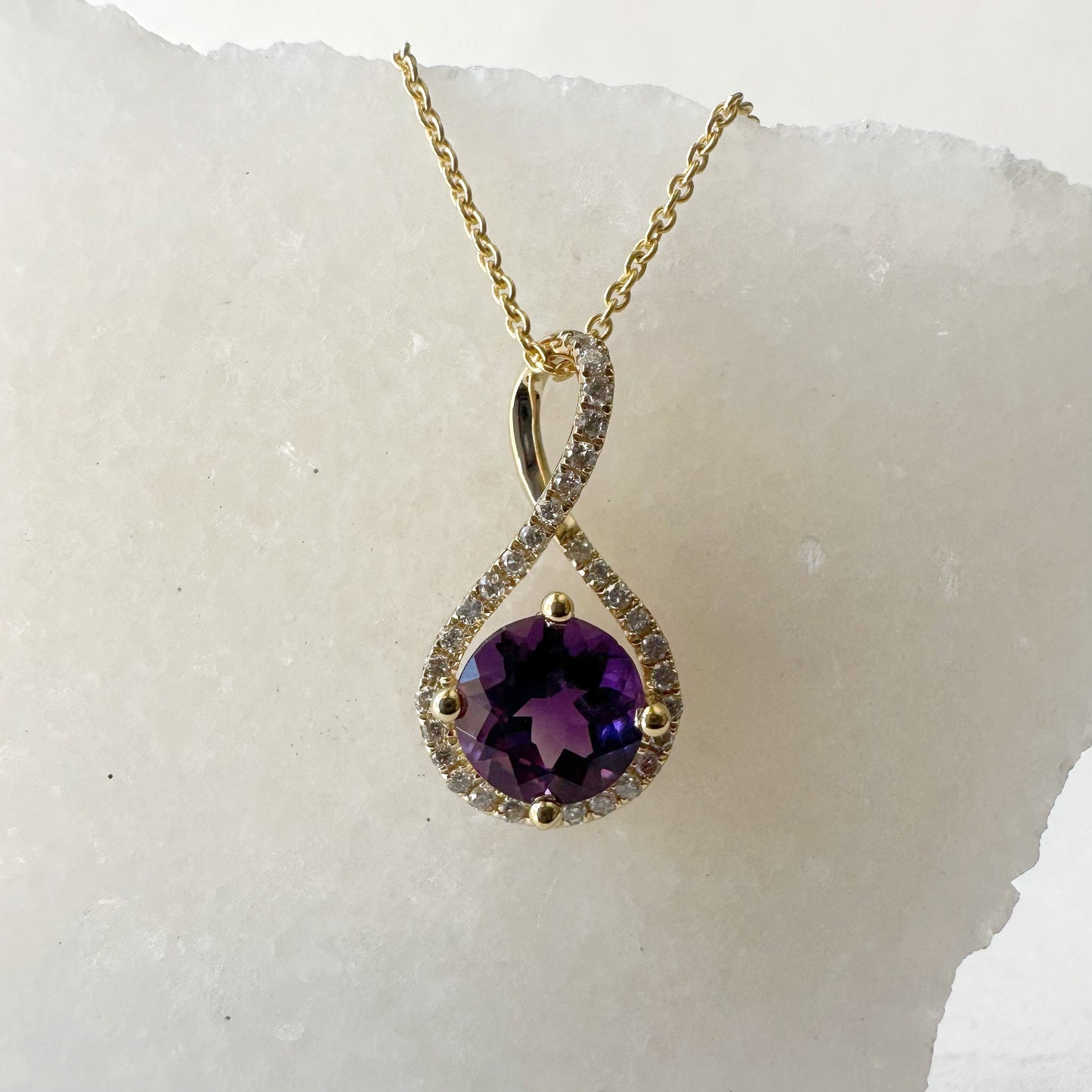 14K Solid Gold Genuine Amethyst and Diamond Twist Pendant/August Birthstone