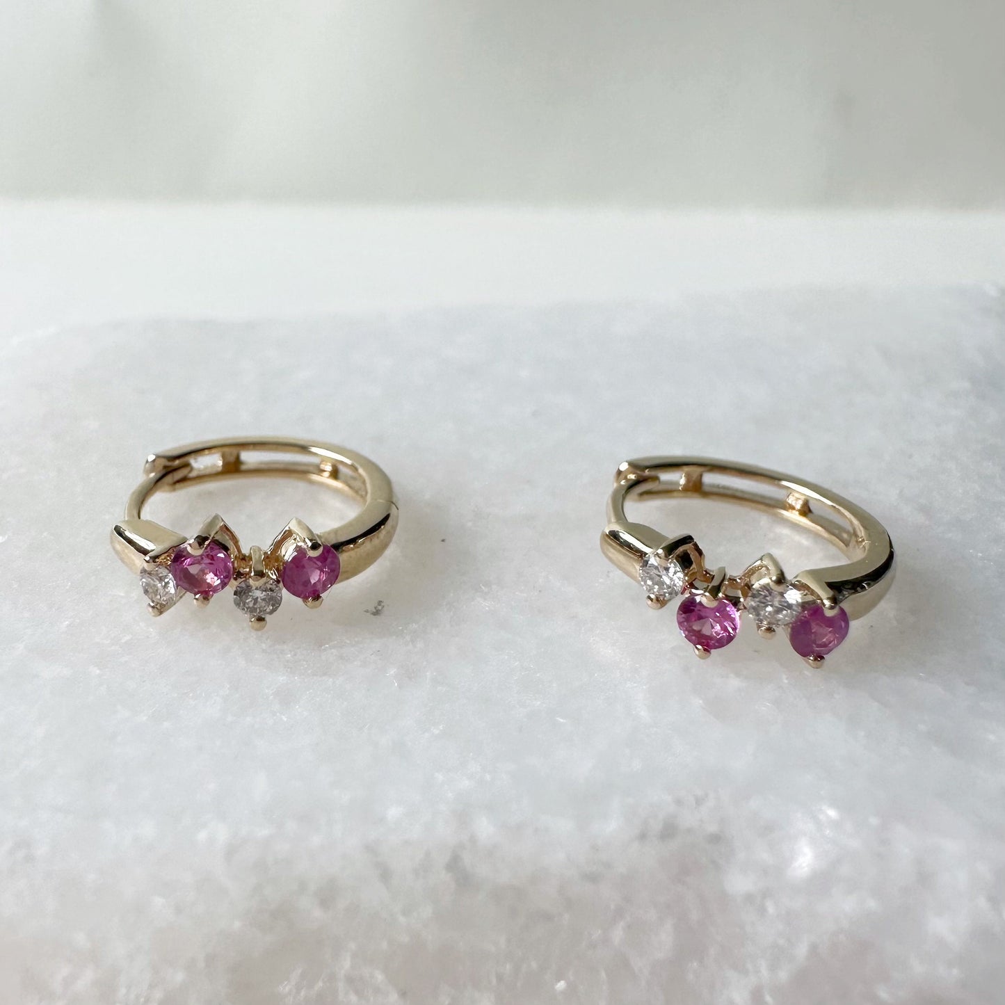 14K Solid Gold Genuine Pink Sapphire and Diamond Cluster Huggies/Hoops/Pair