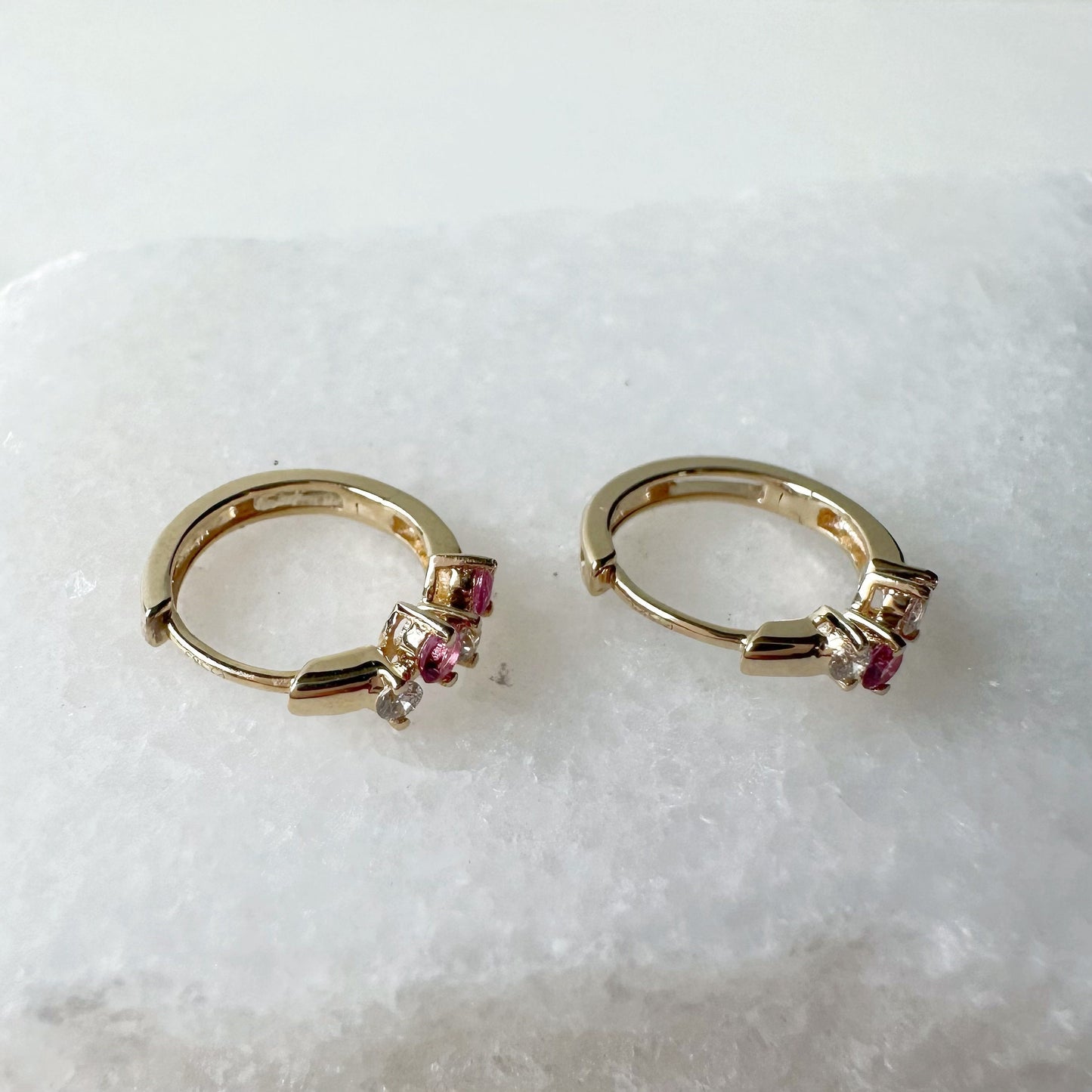 14K Solid Gold Genuine Pink Sapphire and Diamond Cluster Huggies/Hoops/Pair