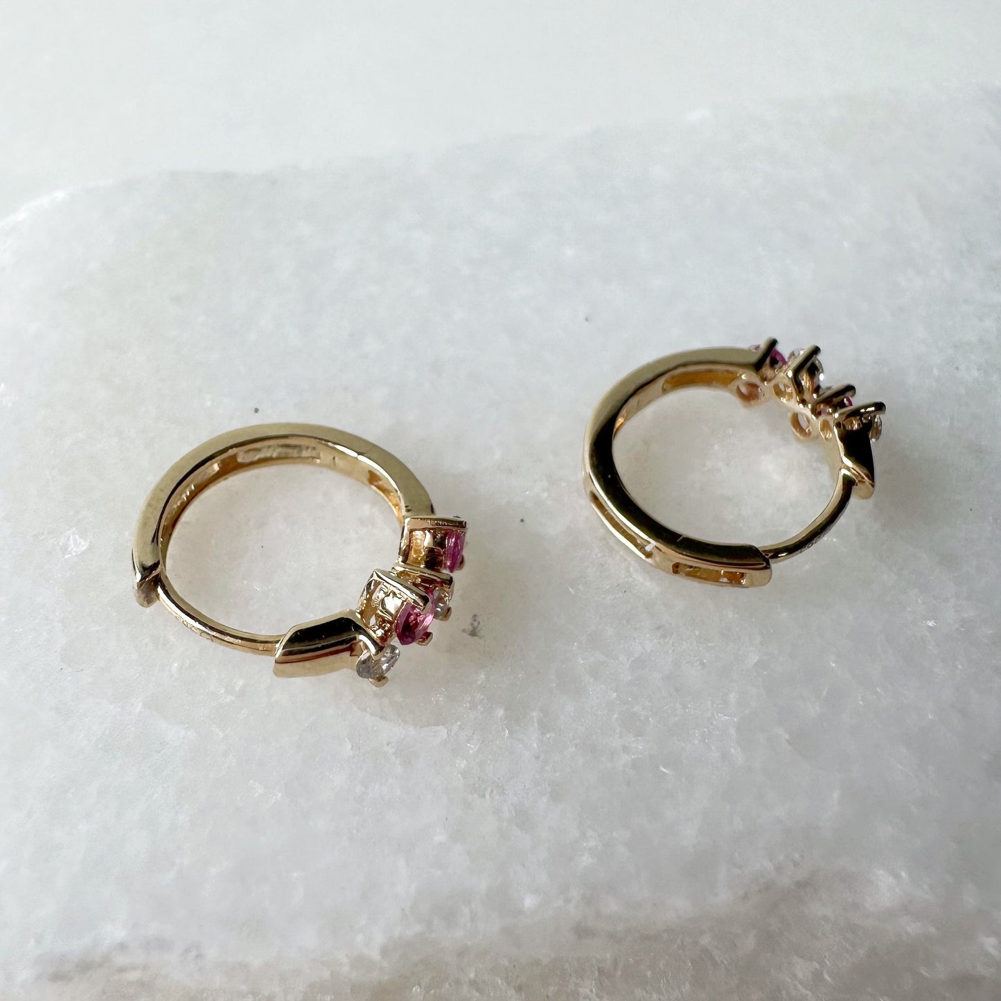 14K Solid Gold Genuine Pink Sapphire and Diamond Cluster Huggies/Hoops/Pair