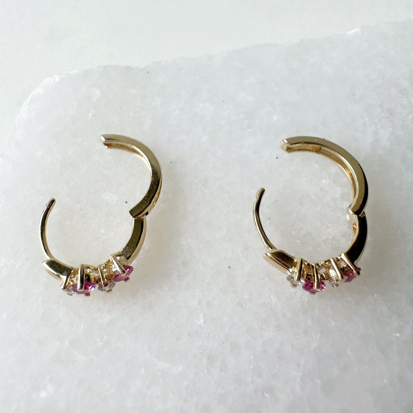 14K Solid Gold Genuine Pink Sapphire and Diamond Cluster Huggies/Hoops/Pair