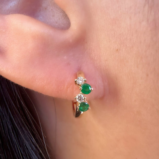 14K Solid Gold Genuine Emerald and Diamond Cluster Huggies/Hoops/Pair