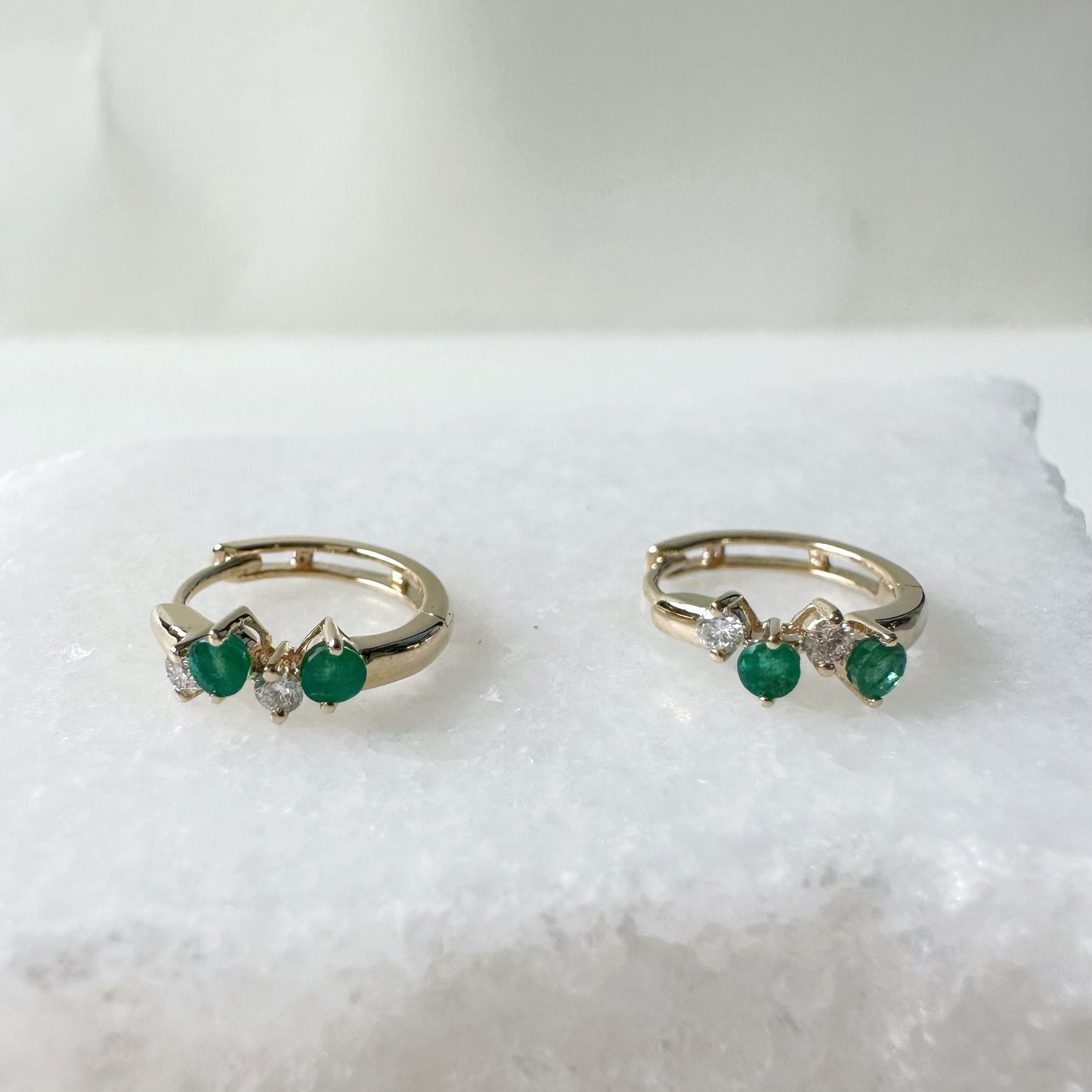 14K Solid Gold Genuine Emerald and Diamond Cluster Huggies/Hoops/Pair