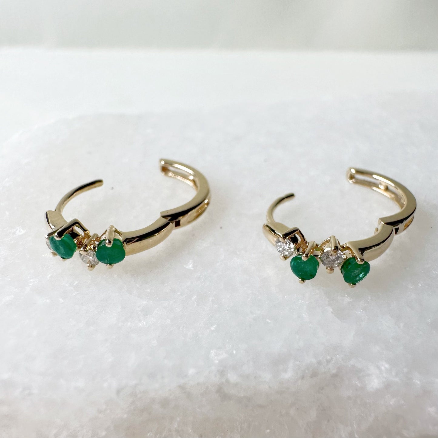 14K Solid Gold Genuine Emerald and Diamond Cluster Huggies/Hoops/Pair