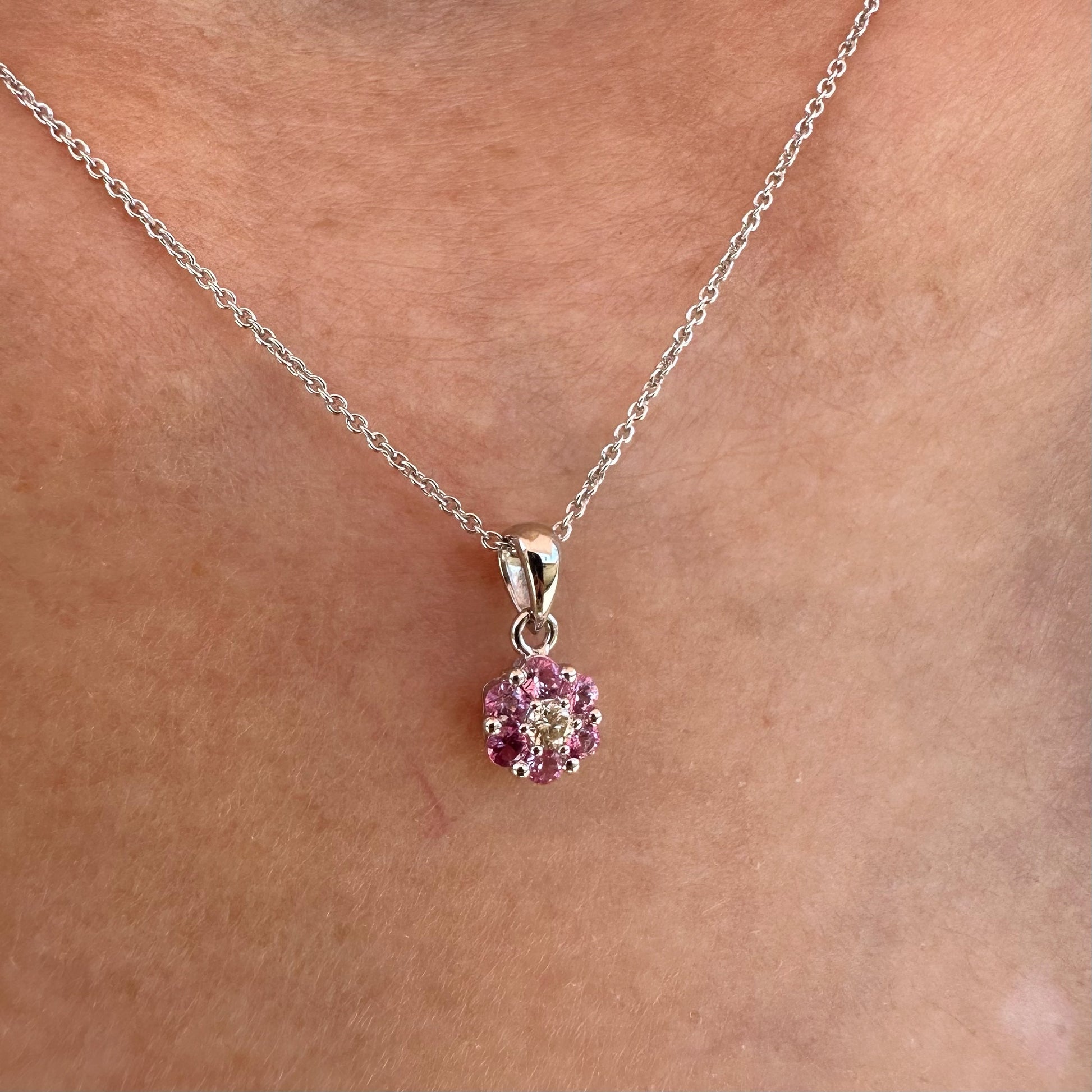 14K Solid Gold Genuine Pink Sapphire and Diamond Flower Pendant