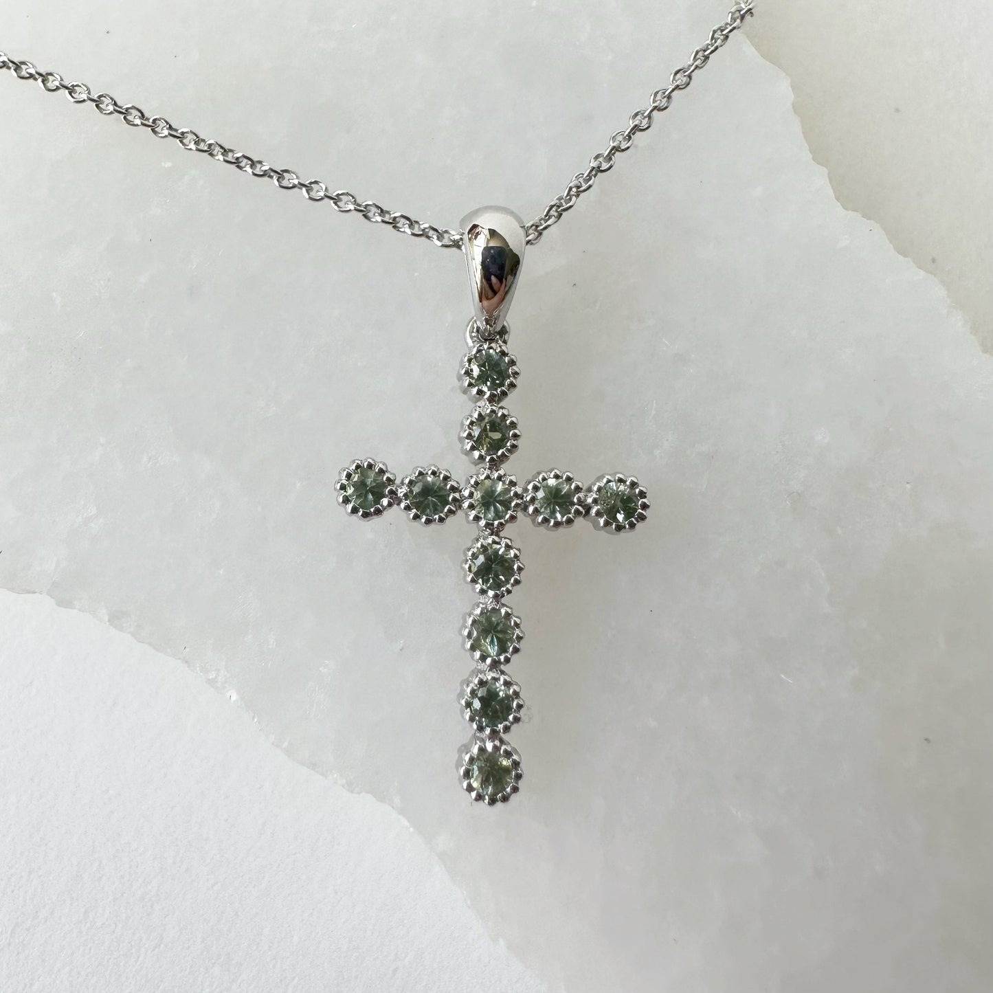 14K Solid Gold Genuine Green Sapphire Cross Pendant