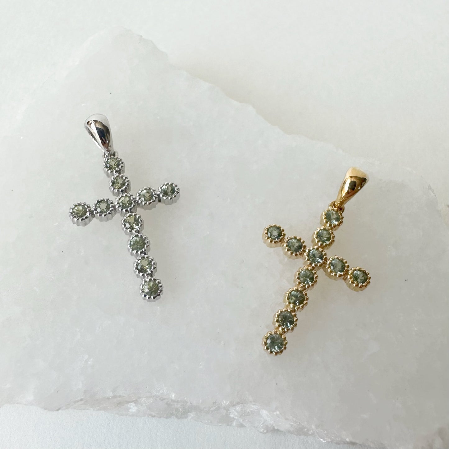 14K Solid Gold Genuine Green Sapphire Cross Pendant