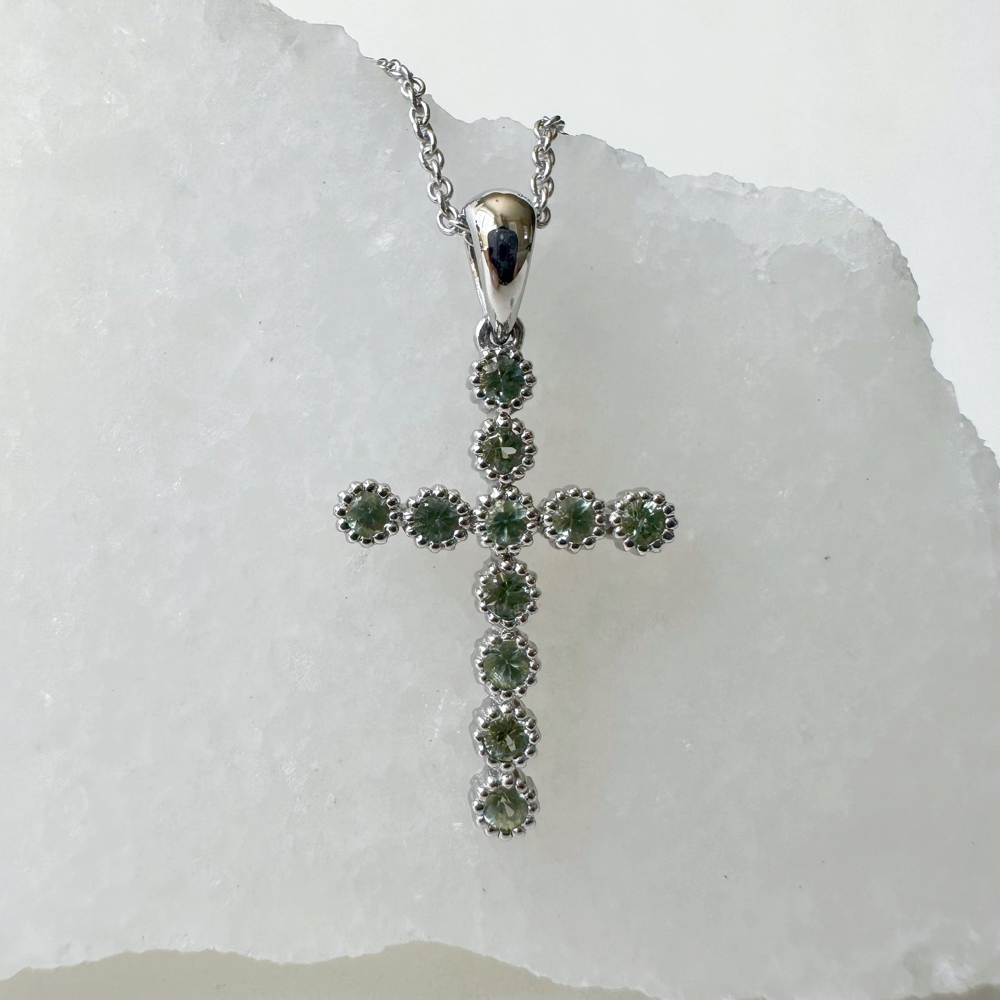 14K Solid Gold Genuine Green Sapphire Cross Pendant