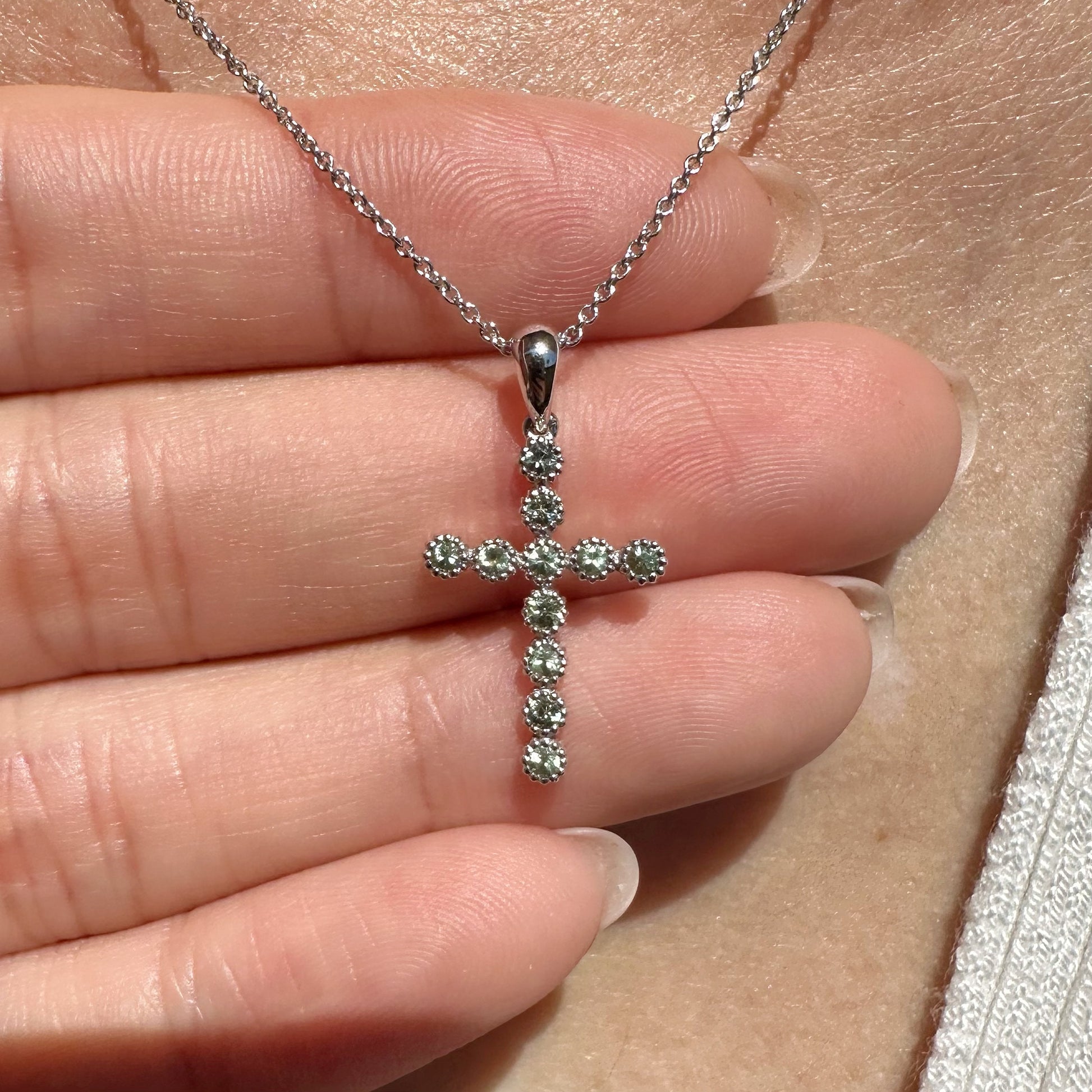 14K Solid Gold Genuine Green Sapphire Cross Pendant