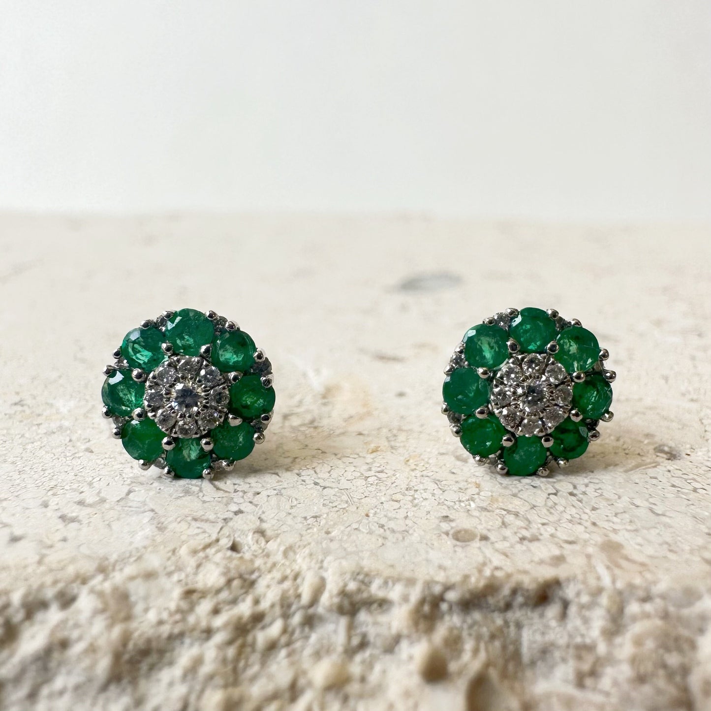 14K Solid White Gold Genuine Emerald and Pave Diamond Flower Studs/Pair