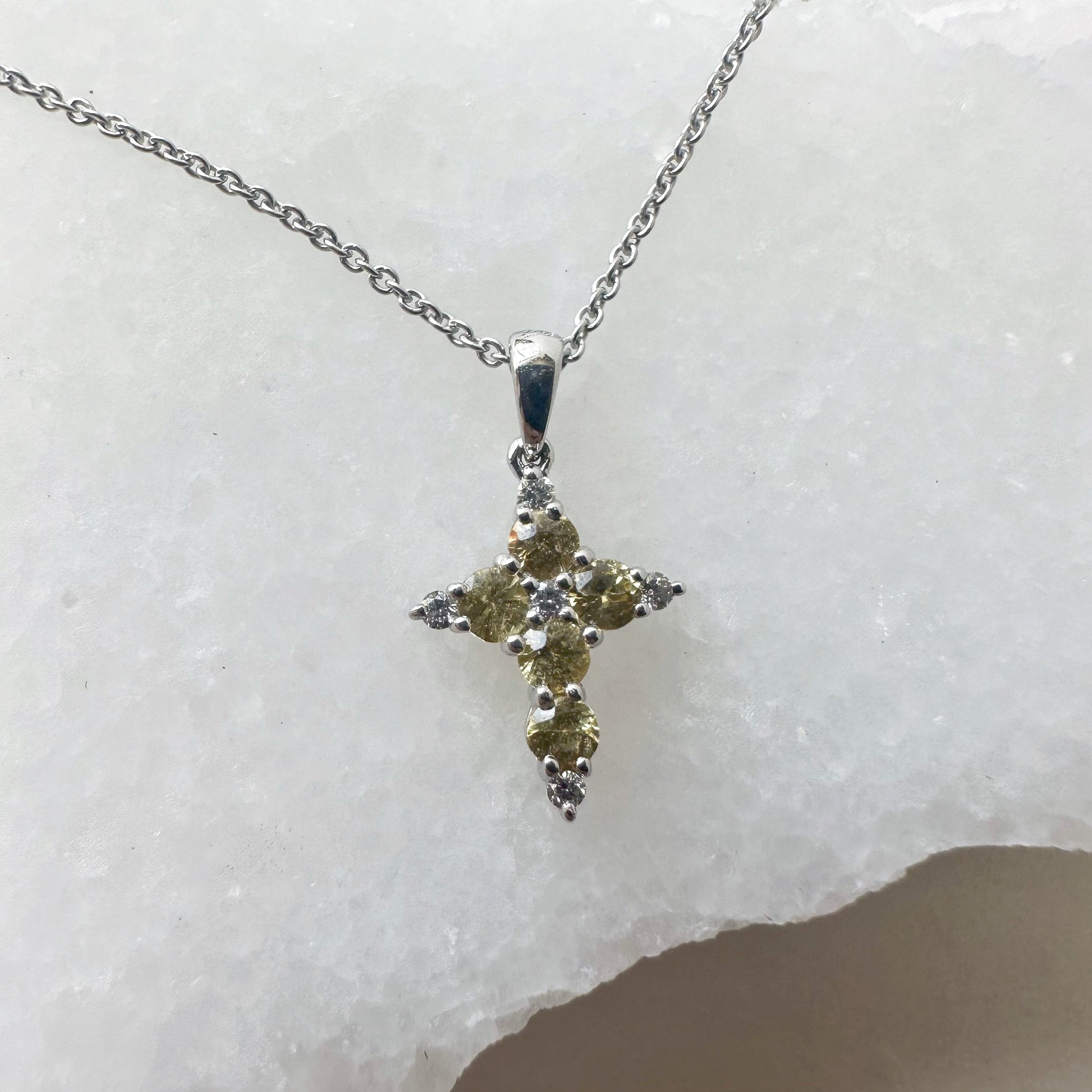 18K Solid White Gold Genuine Yellow Sapphire and Diamond Dainty Cross Pendant