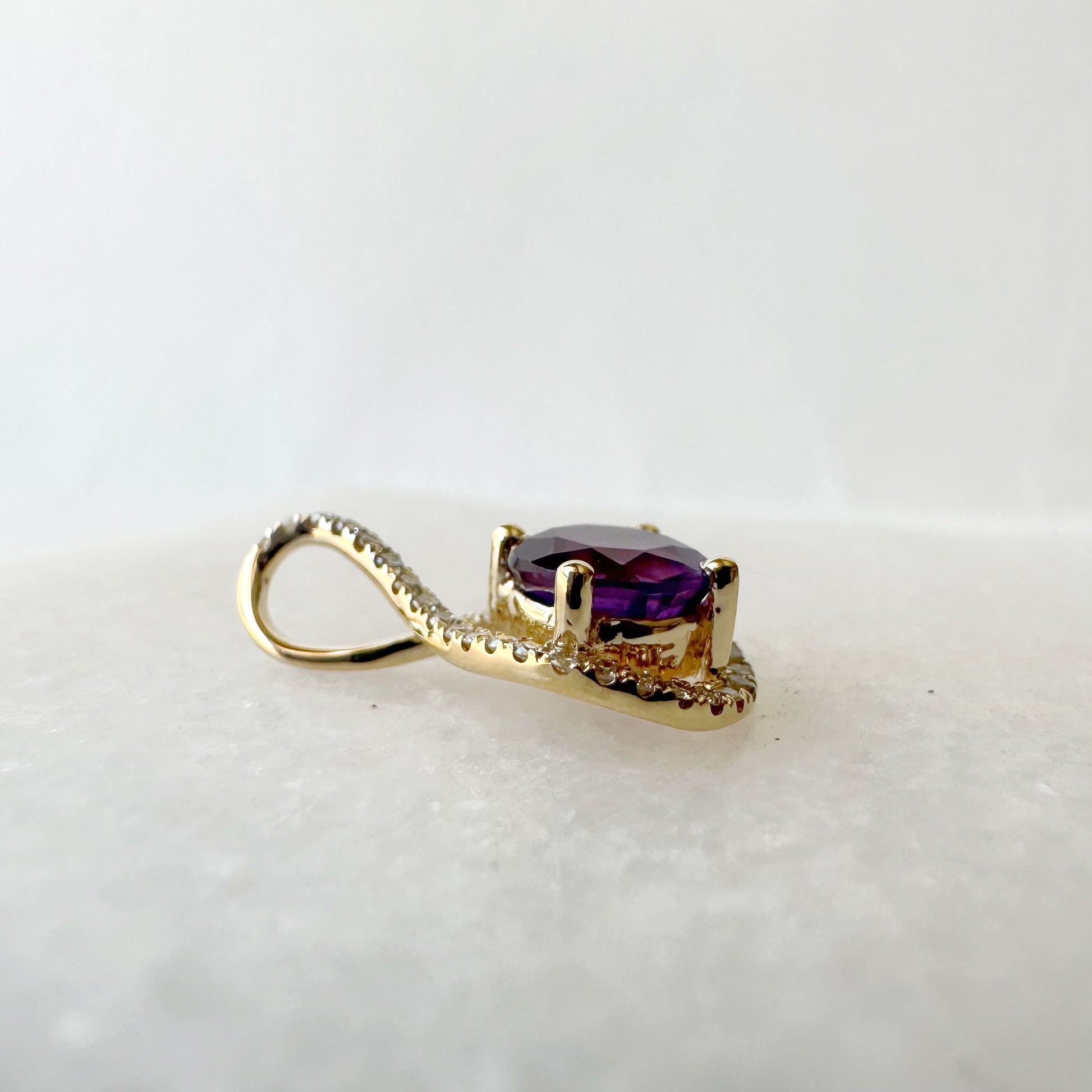 14K Solid Gold Genuine Amethyst and Diamond Twist Pendant/August Birthstone