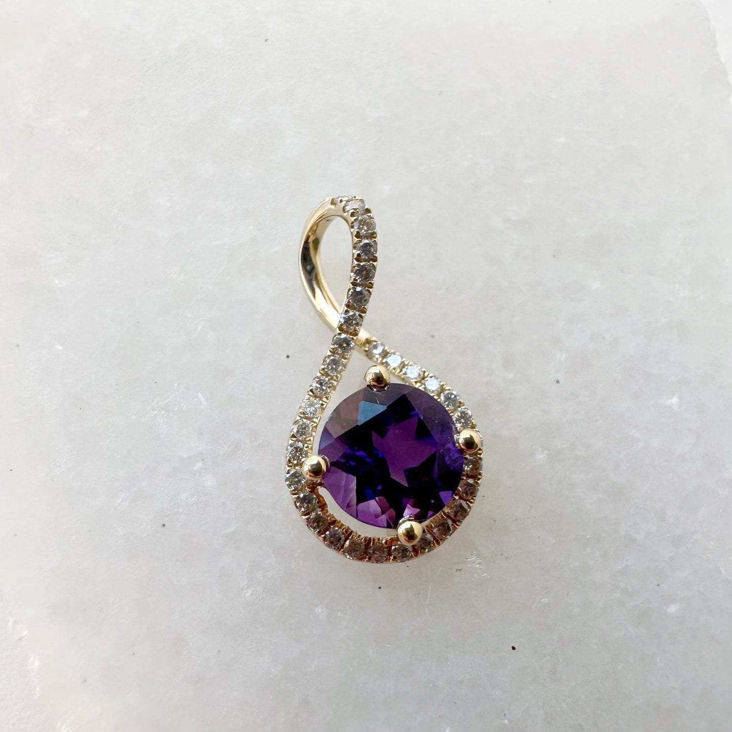 14K Solid Gold Genuine Amethyst and Diamond Twist Pendant/August Birthstone