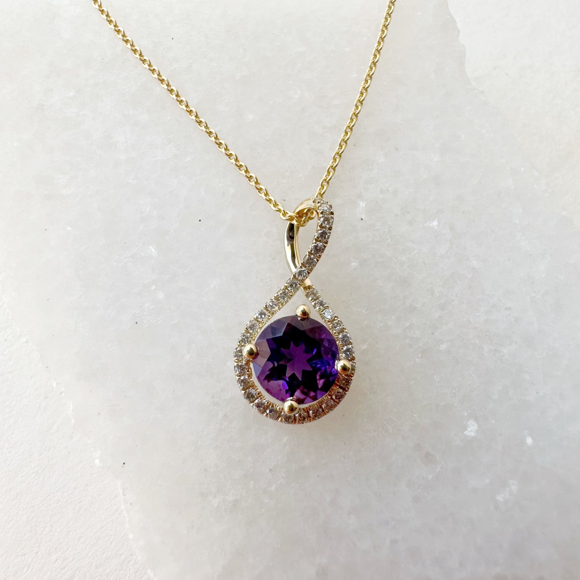 14K Solid Gold Genuine Amethyst and Diamond Twist Pendant/August Birthstone