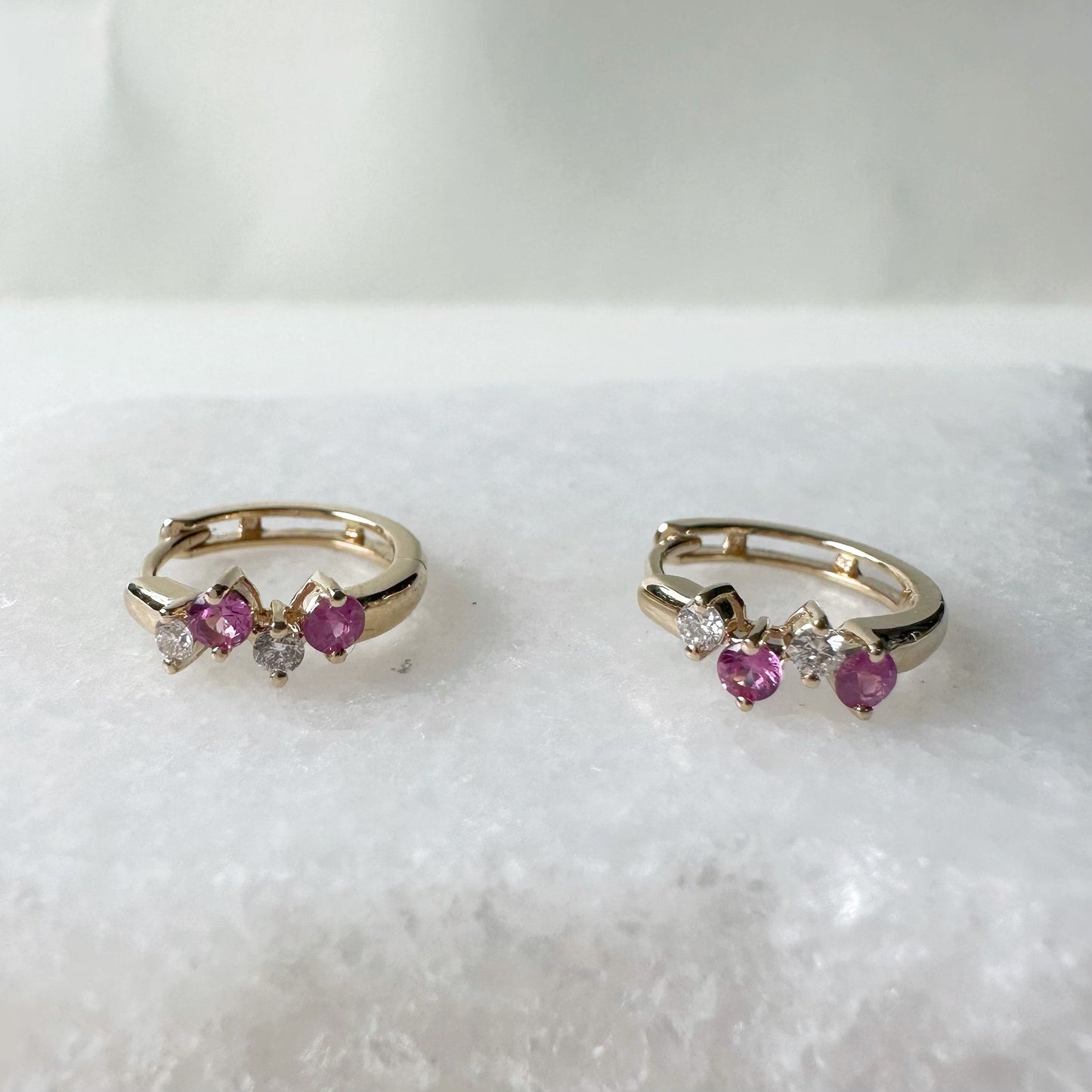 14K Solid Gold Genuine Pink Sapphire and Diamond Cluster Huggies/Hoops/Pair