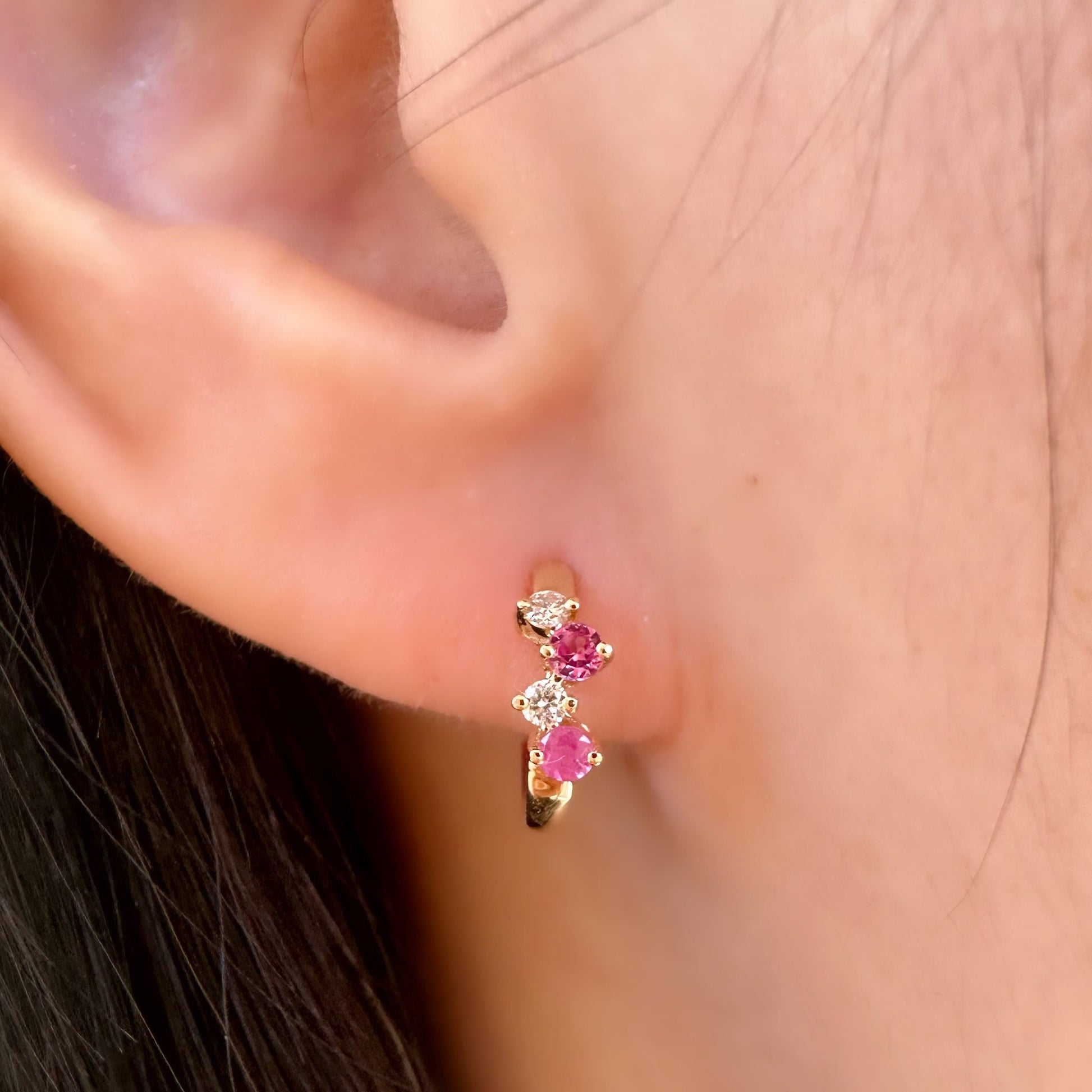 14K Solid Gold Genuine Pink Sapphire and Diamond Cluster Huggies/Hoops/Pair