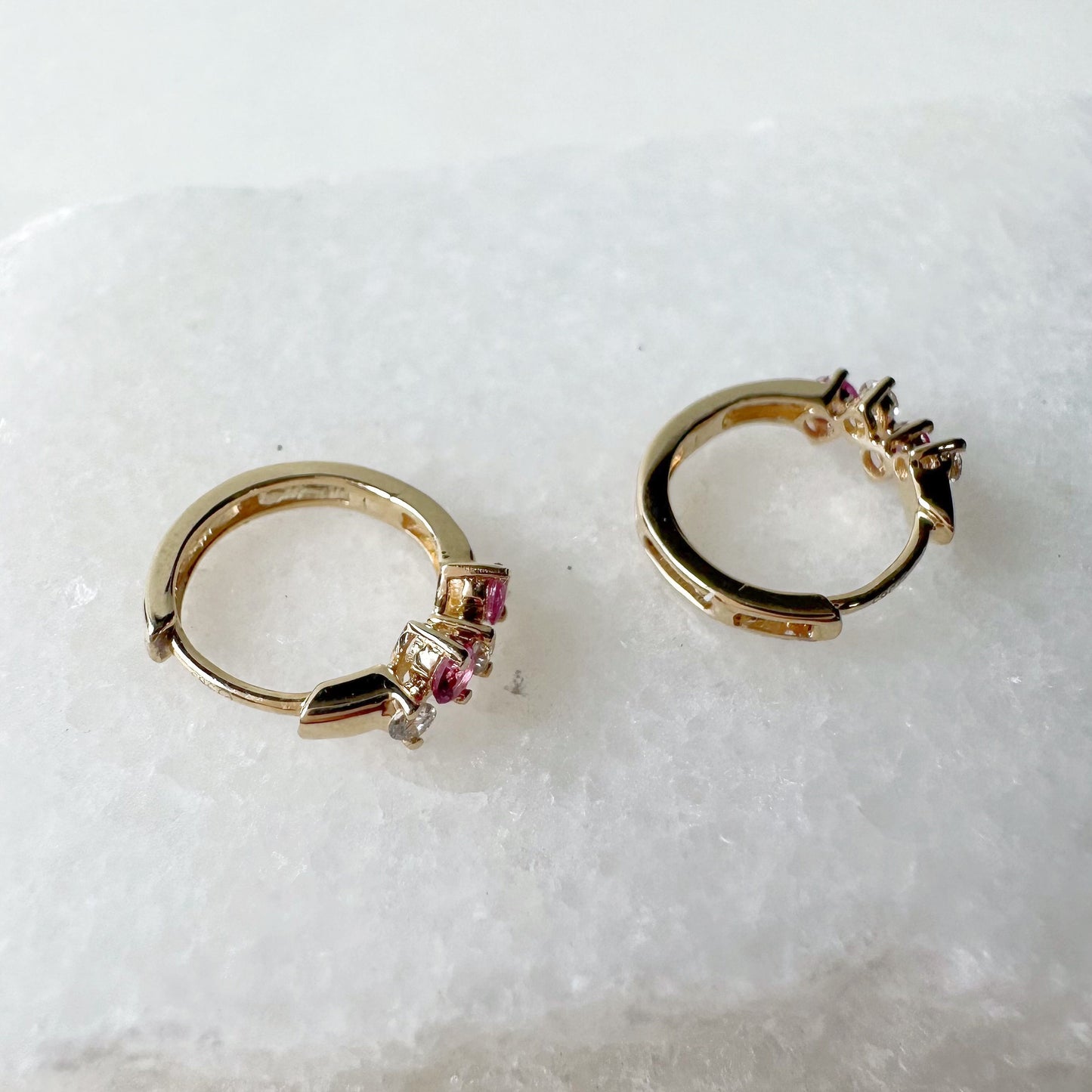 14K Solid Gold Genuine Pink Sapphire and Diamond Cluster Huggies/Hoops/Pair