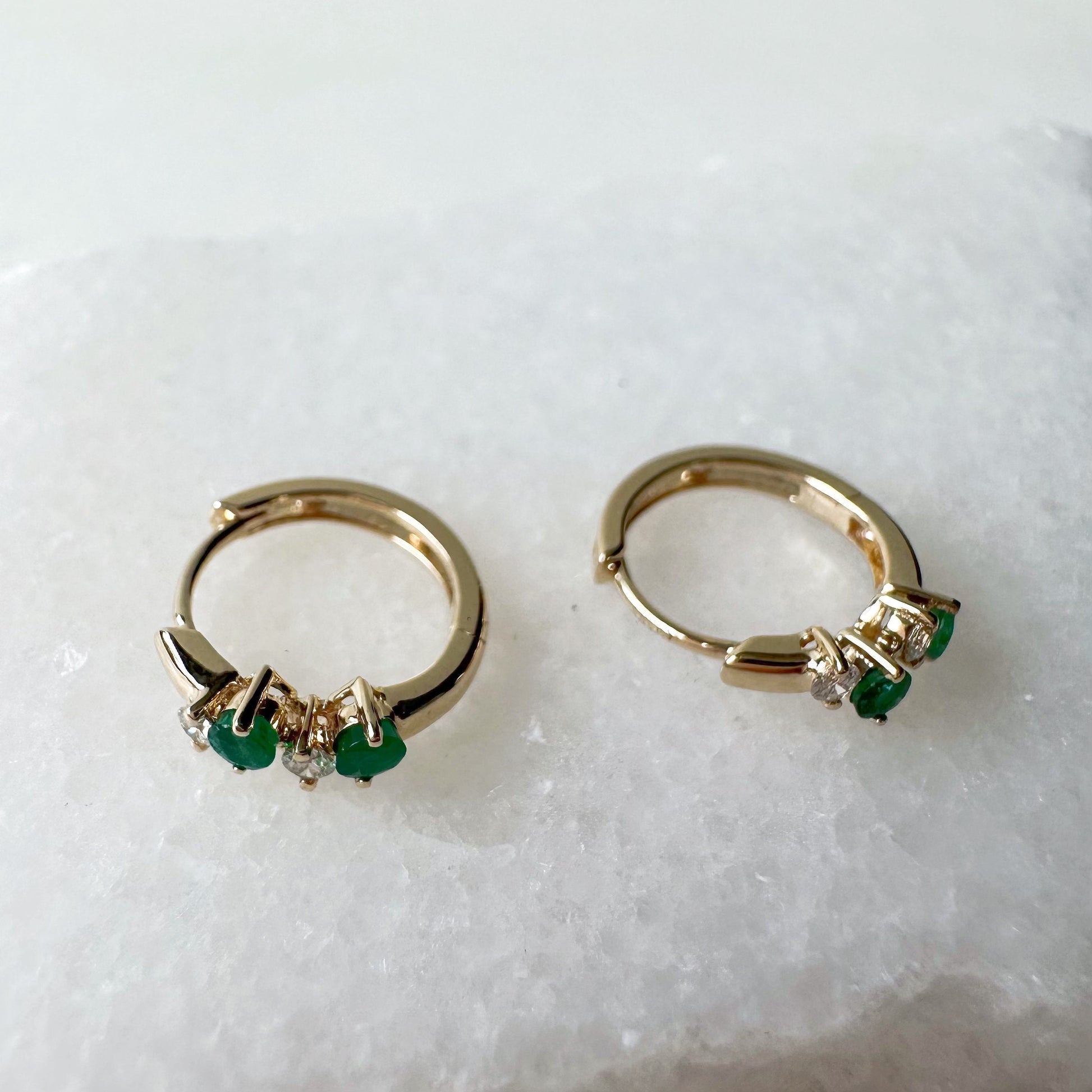 14K Solid Gold Genuine Emerald and Diamond Cluster Huggies/Hoops/Pair