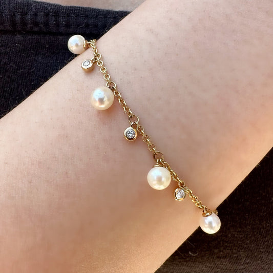 18K Solid Gold Genuine Pearl and Diamond Bracelet