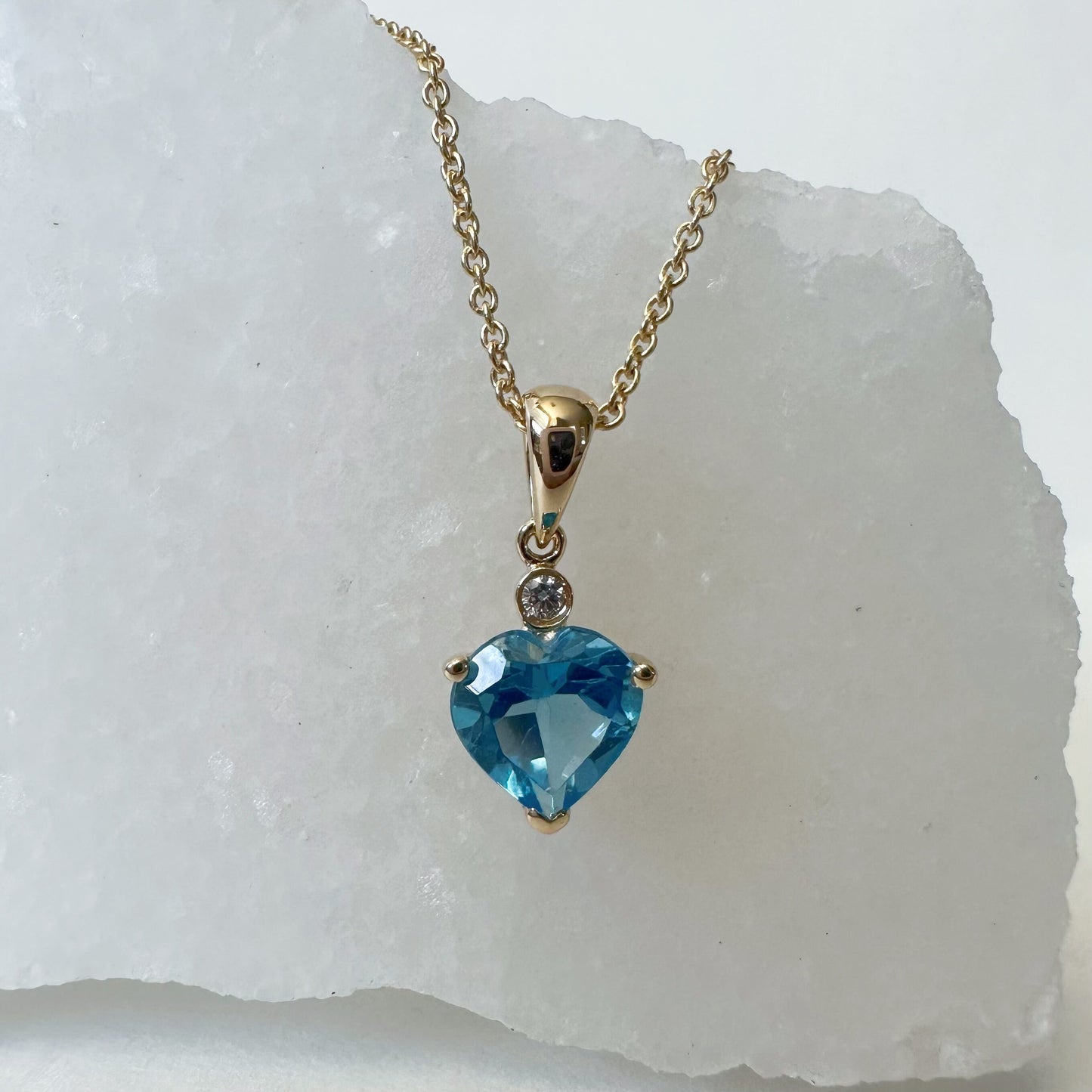 14K Solid Gold Heart Shaped Genuine Blue Topaz and Diamond Pendant